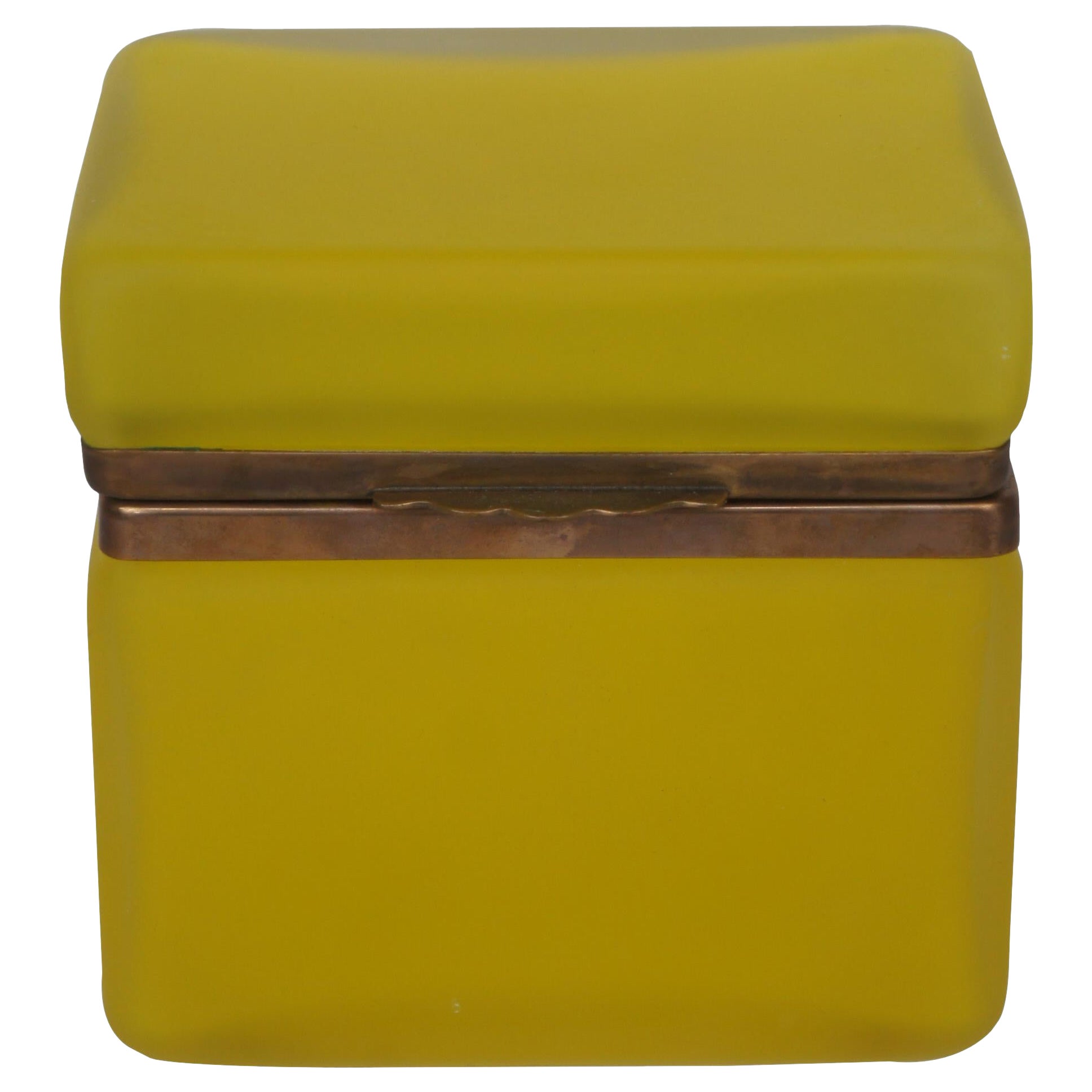 Antique French Opaline Yellow Glass Jewelry Trinket Vanity Casket Box Hinged
