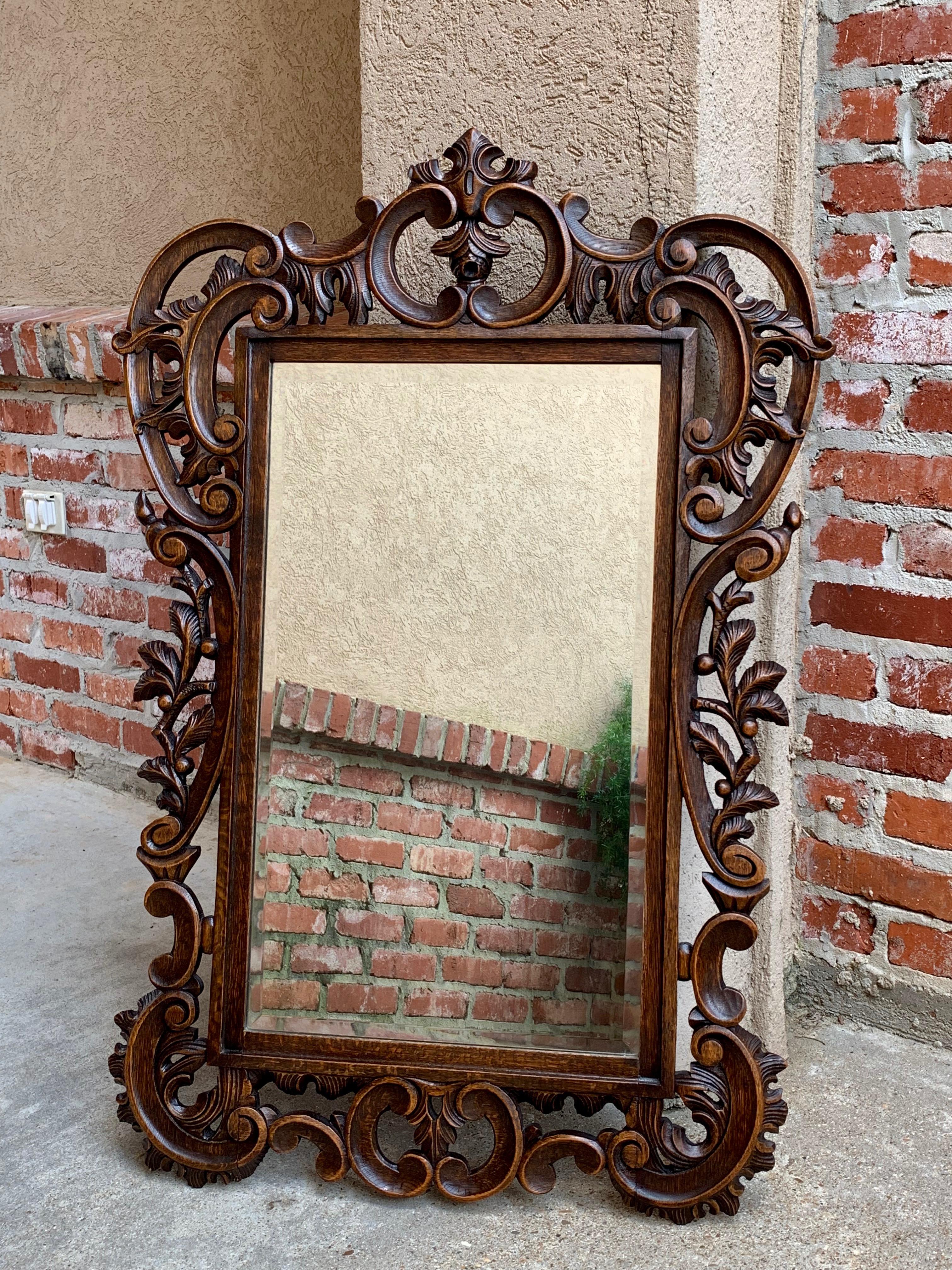 Antique French Open Carved Oak Wall Beveled Mirror Frame Foyer Louis XV Style In Good Condition In Shreveport, LA