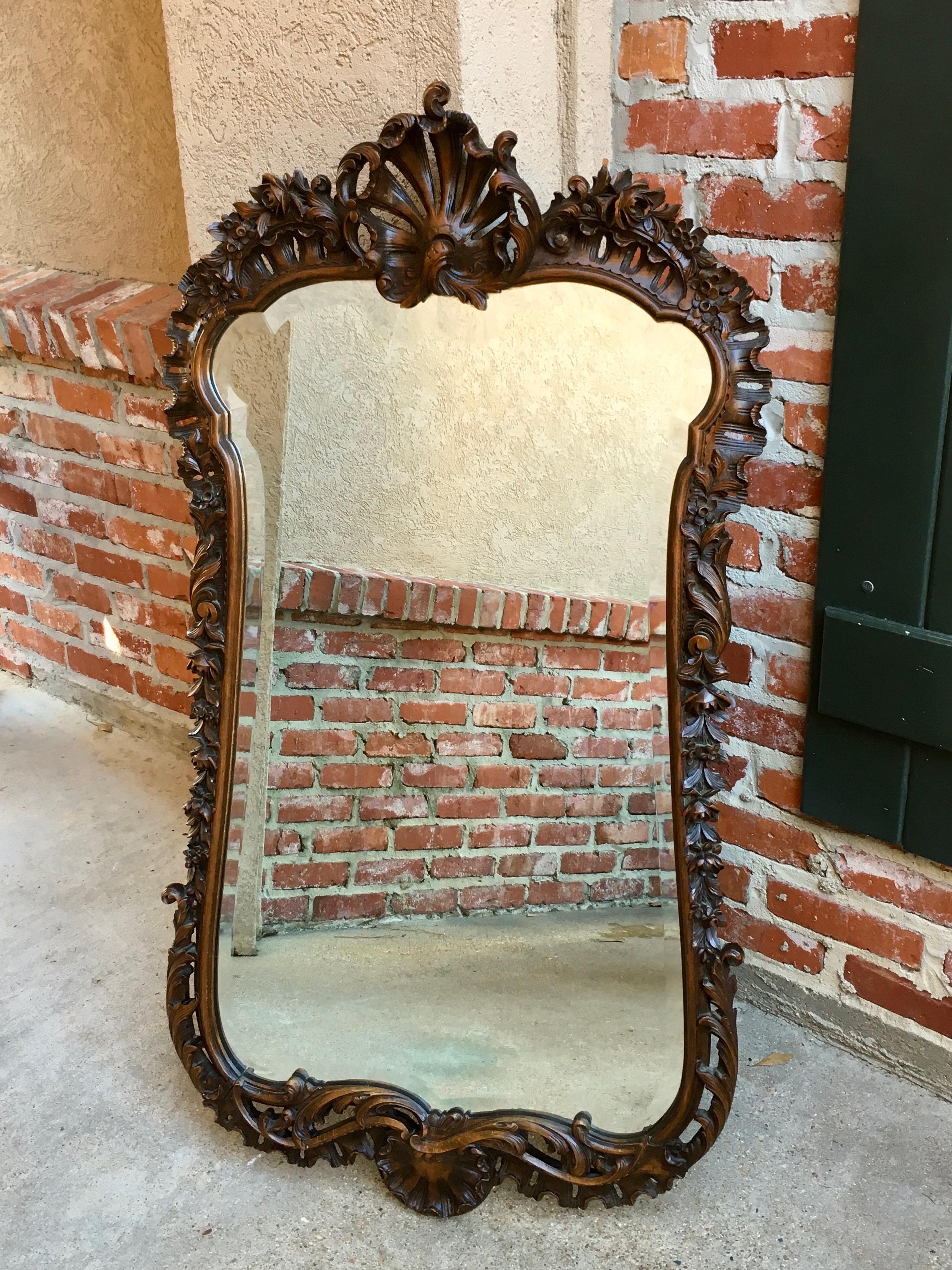 Beveled 19th Century French Open Carved Oak Wall Pier Mirror Frame Art Nouveau Louis XV