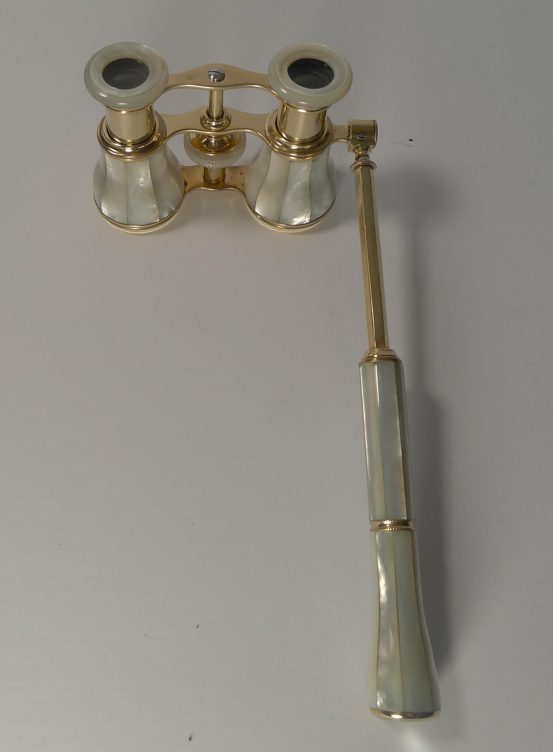 Brass Antique French Opera Glasses with Detachable Lorgnette Handle, circa 1900
