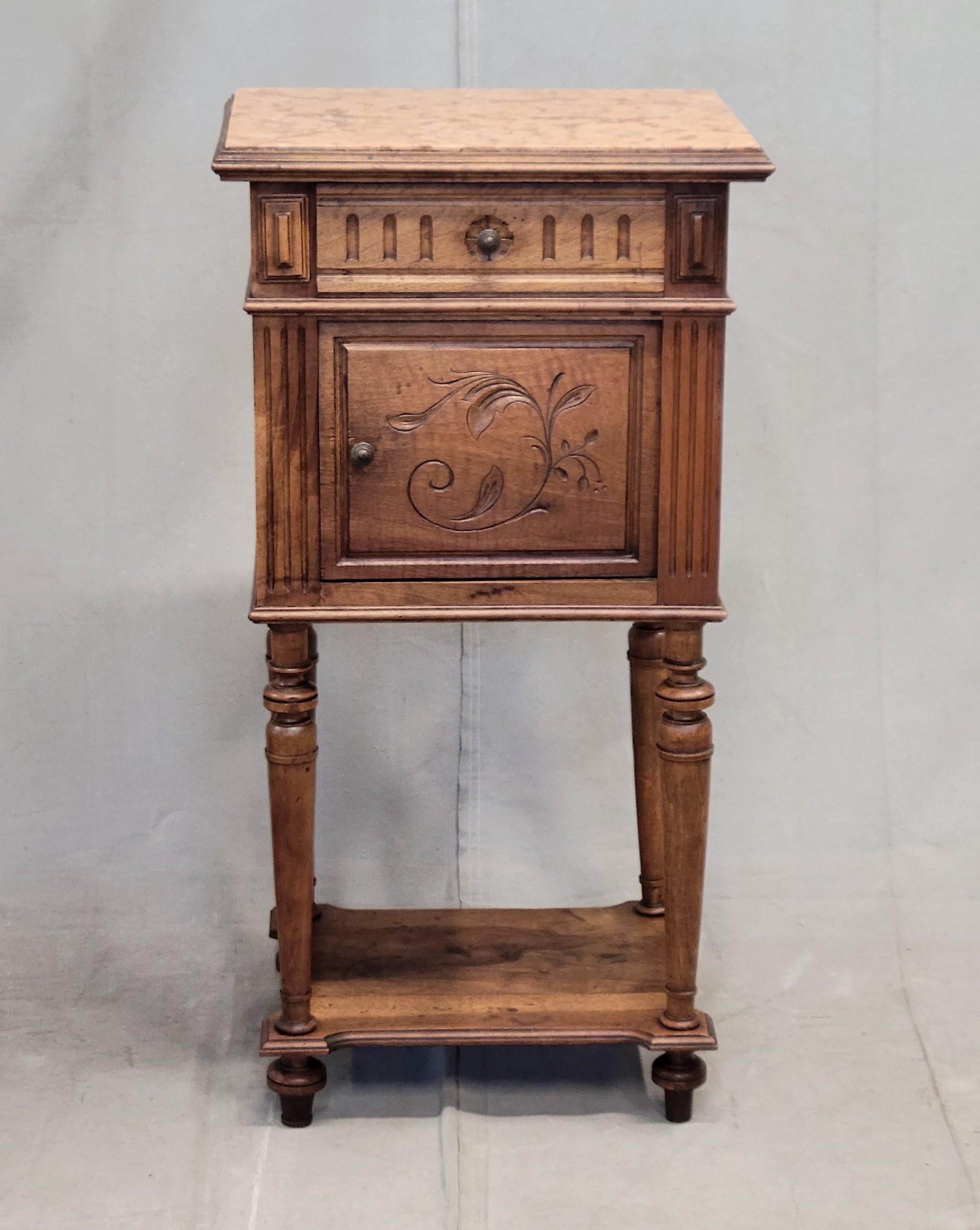 XX secolo Antique French o Belgian Walnut Nightstands with Italian Marble - A Near Pair in vendita