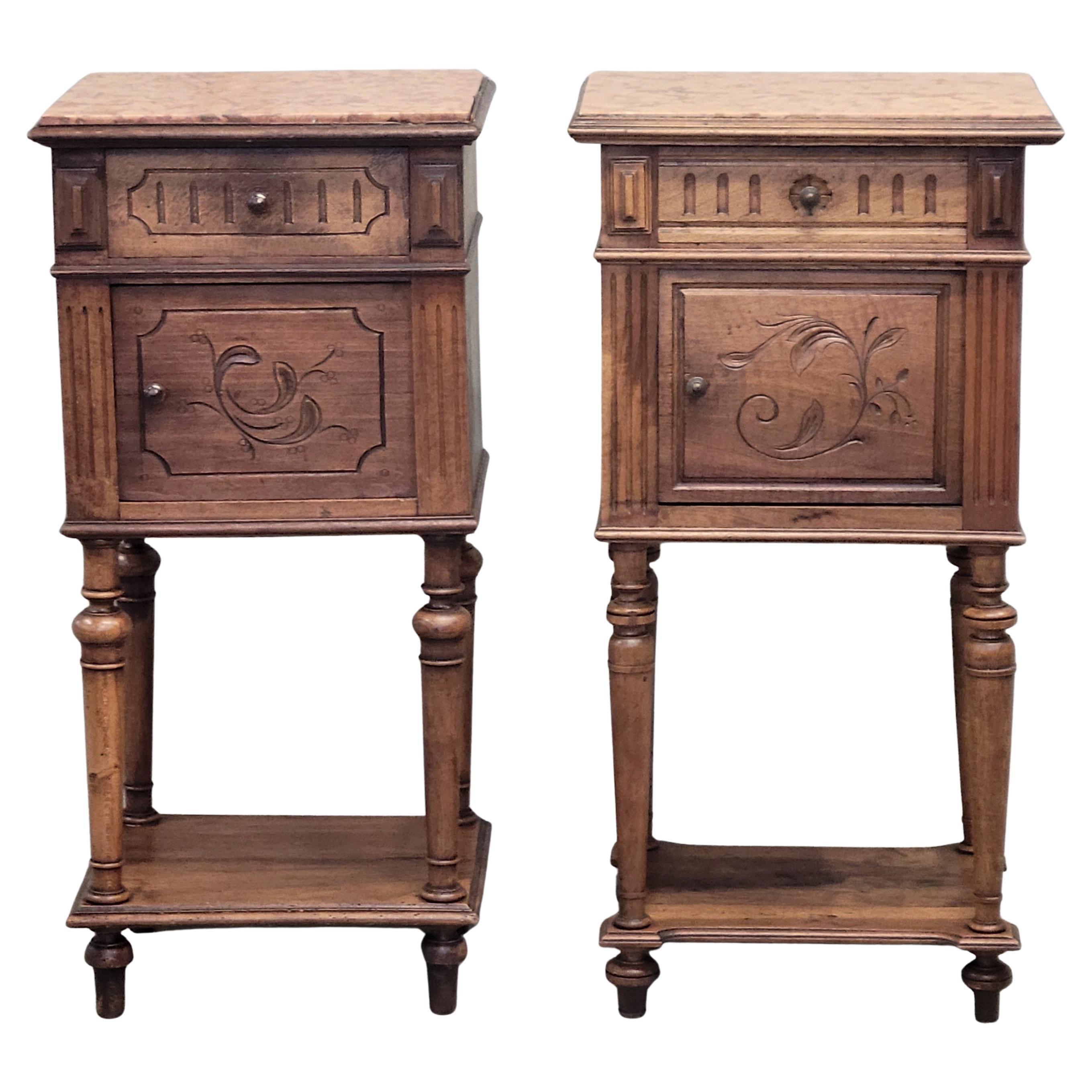 Antique French o Belgian Walnut Nightstands with Italian Marble - A Near Pair