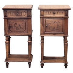 Antique French or Belgian Walnut Nightstands With Italian Marble - A Near Pair