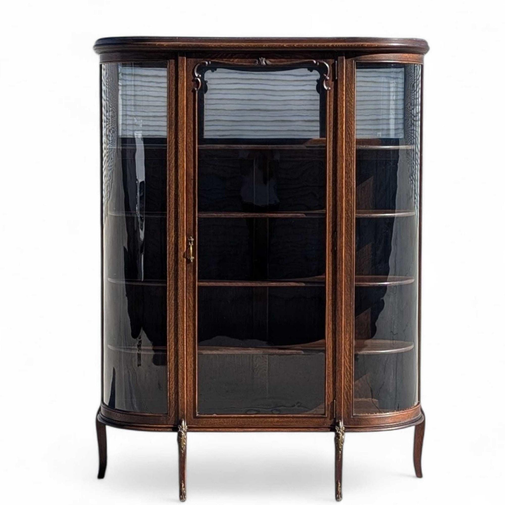 Antique French o English Curved Glass Display Cabinet, Oak, circa 1900 in vendita 9