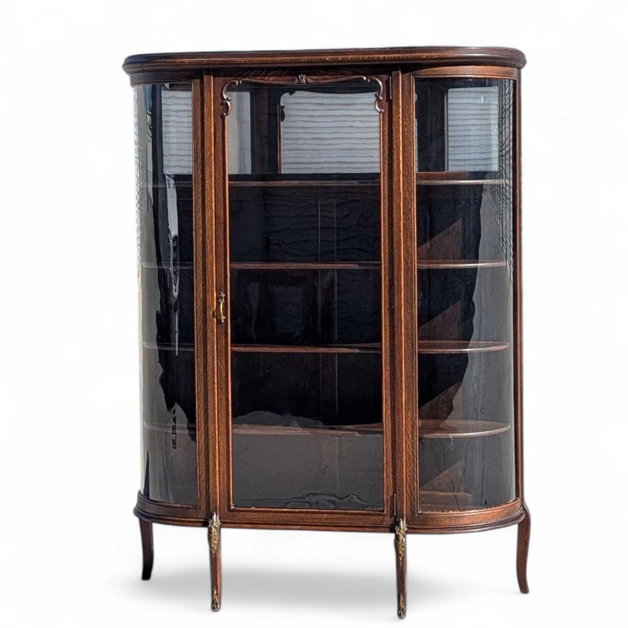 Antique French o English Curved Glass Display Cabinet, Oak, circa 1900 in vendita 10