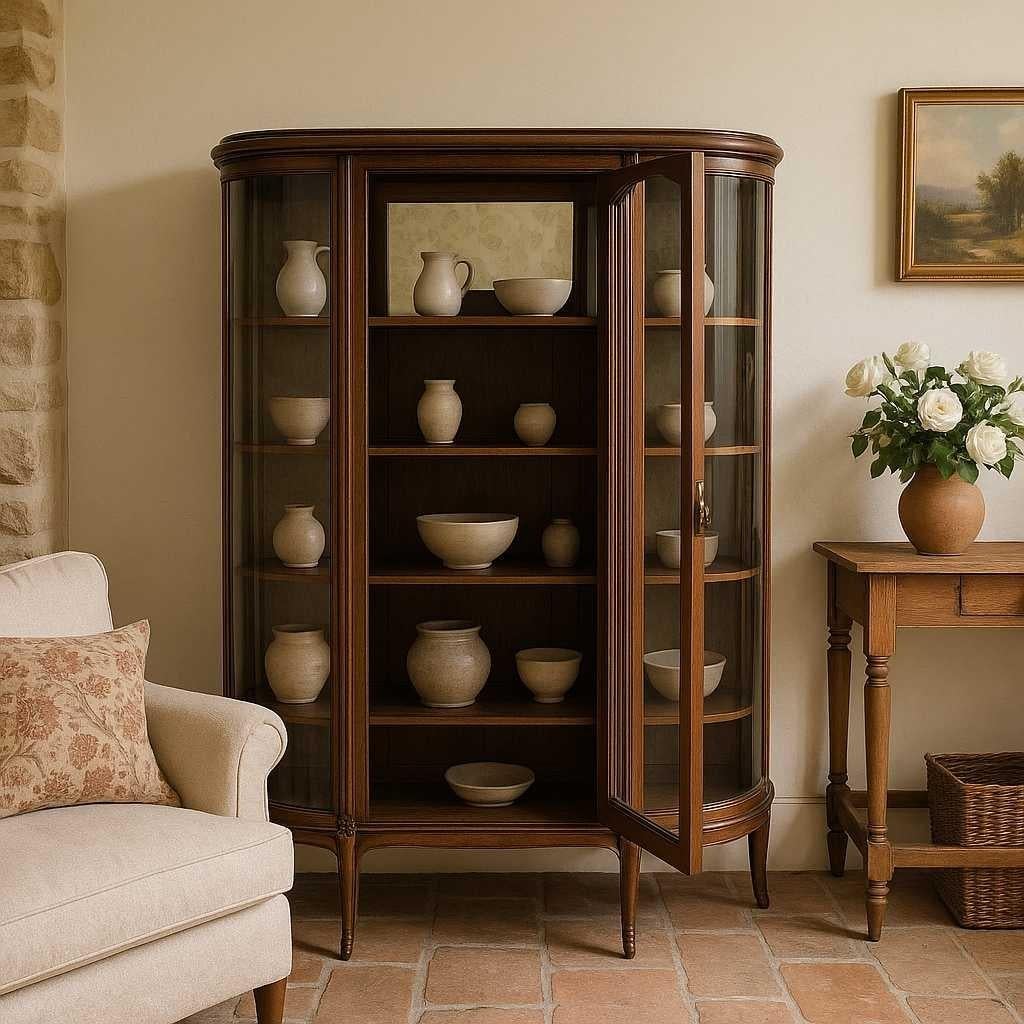 Edoardiano Antique French o English Curved Glass Display Cabinet, Oak, circa 1900 in vendita
