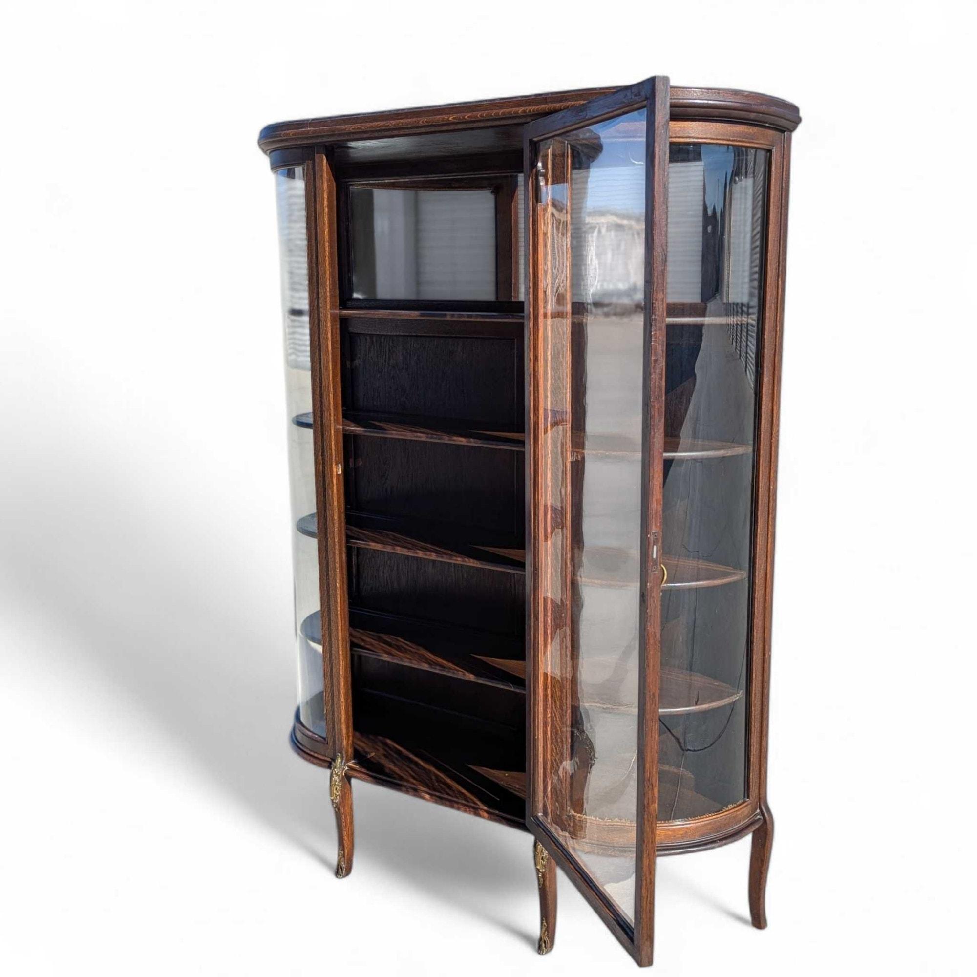 XX secolo Antique French o English Curved Glass Display Cabinet, Oak, circa 1900 in vendita