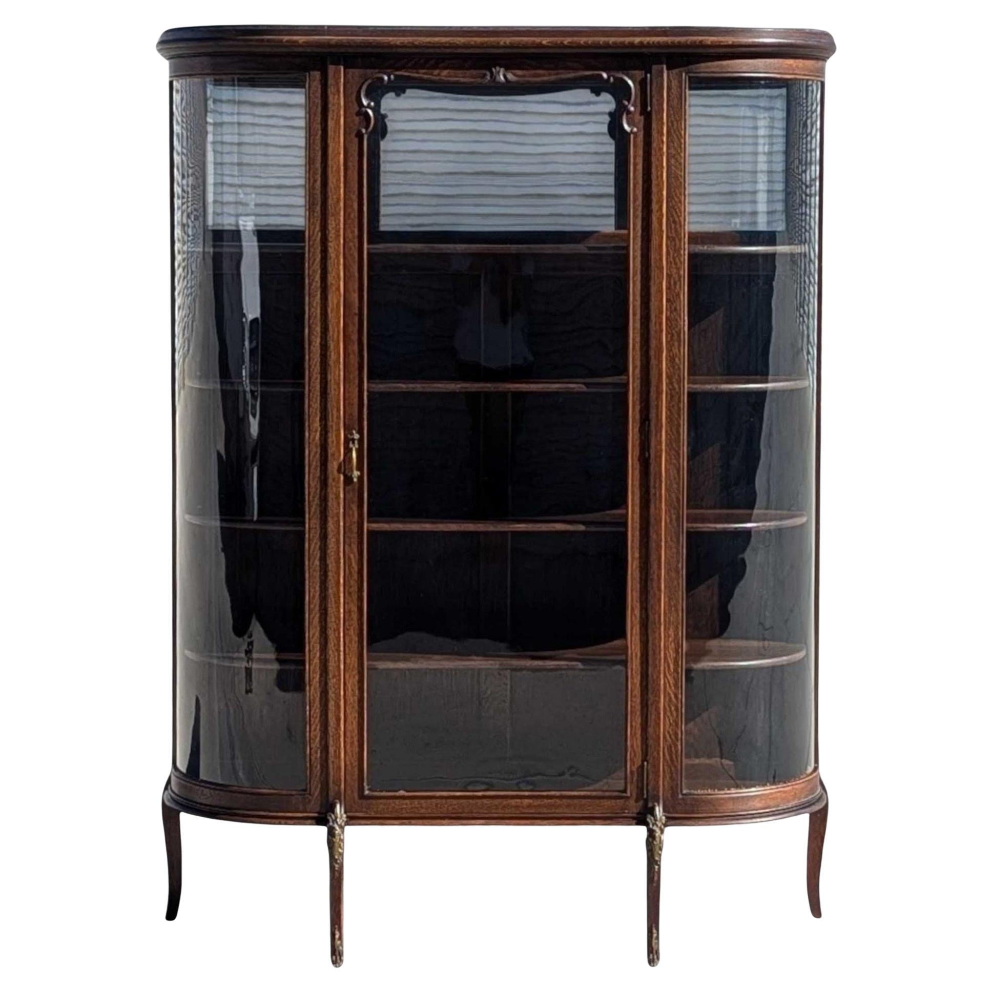 Antique French o English Curved Glass Display Cabinet, Oak, circa 1900