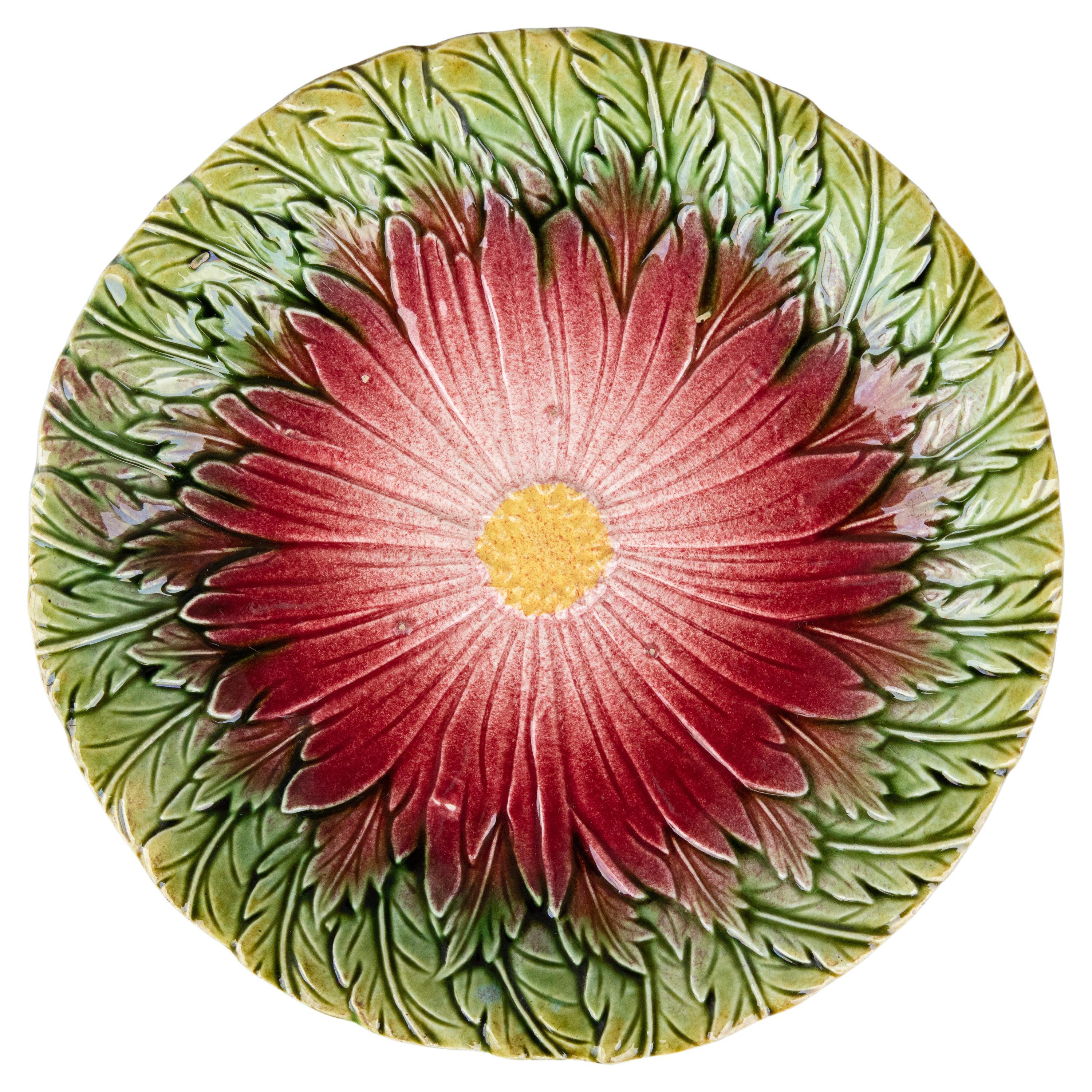 Antique French Orchies Majolica Daisy Plate, C. 1890 For Sale