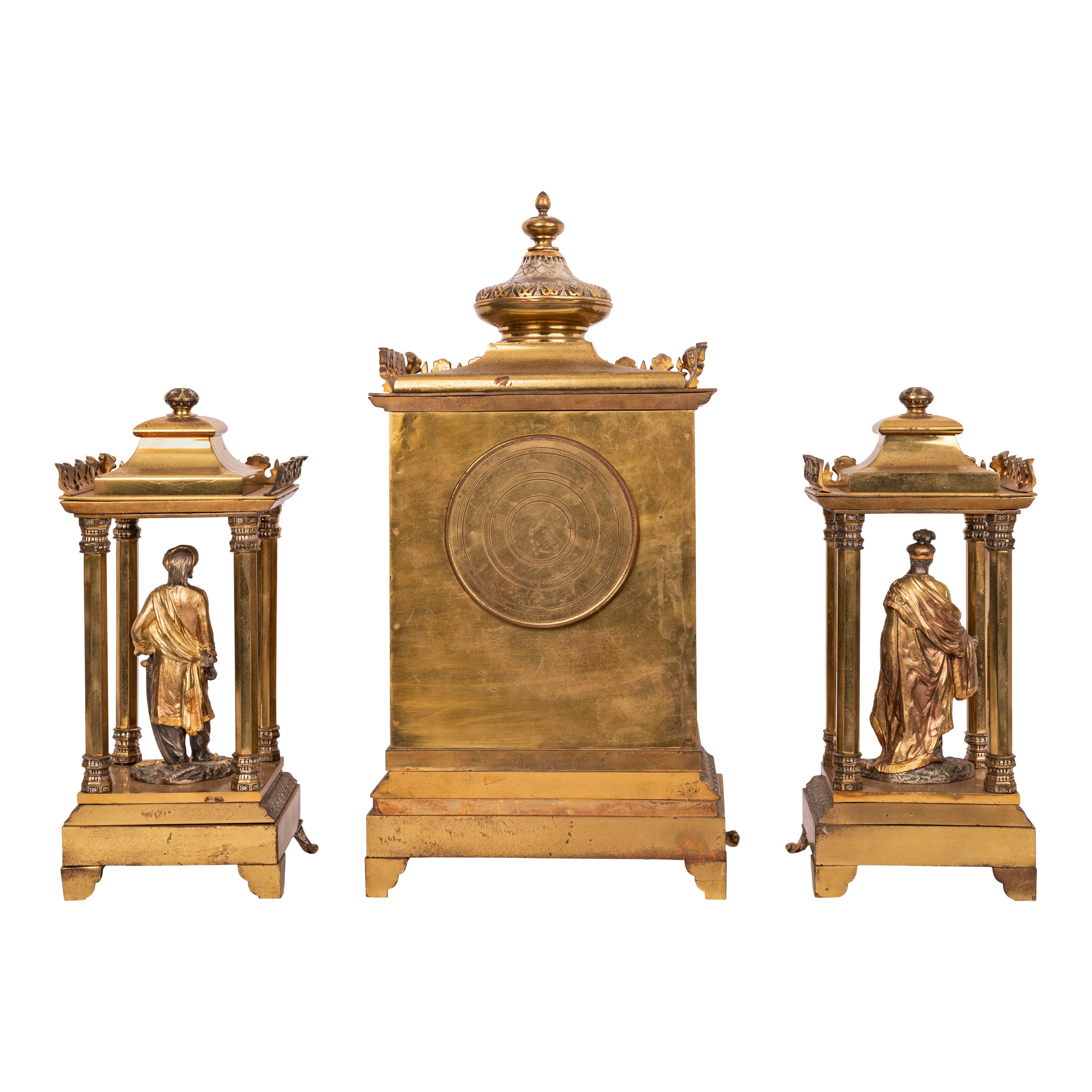 Antique French Orientalist Arab 8 Day Gilt Bronze Statue Clock Garniture, 1880 For Sale 8