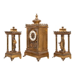 Antique French Orientalist Arab 8 Day Gilt Bronze Statue Clock Garniture, 1880