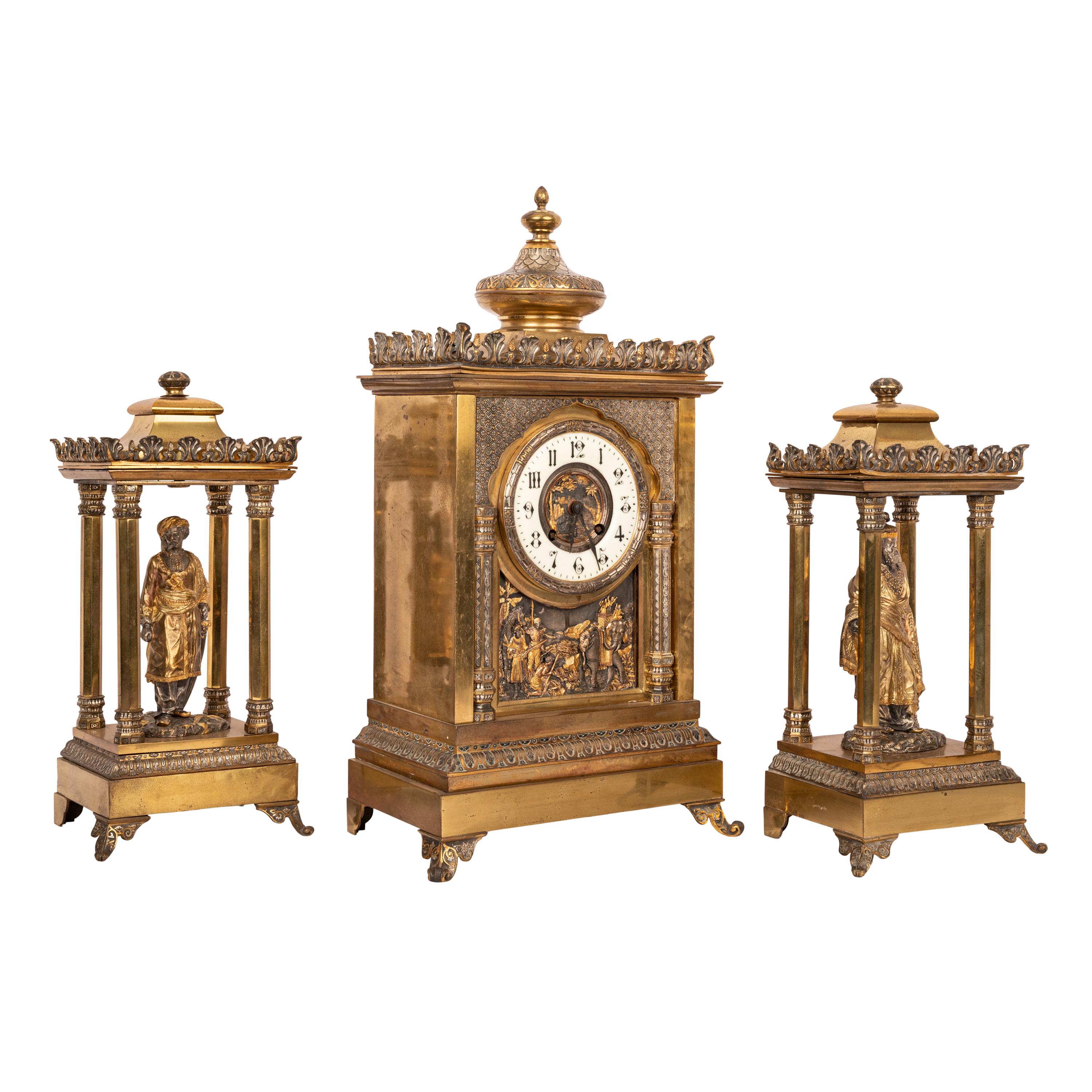 Islamic Antique French Orientalist Arab 8 Day Gilt Bronze Statue Clock Garniture, 1880 For Sale