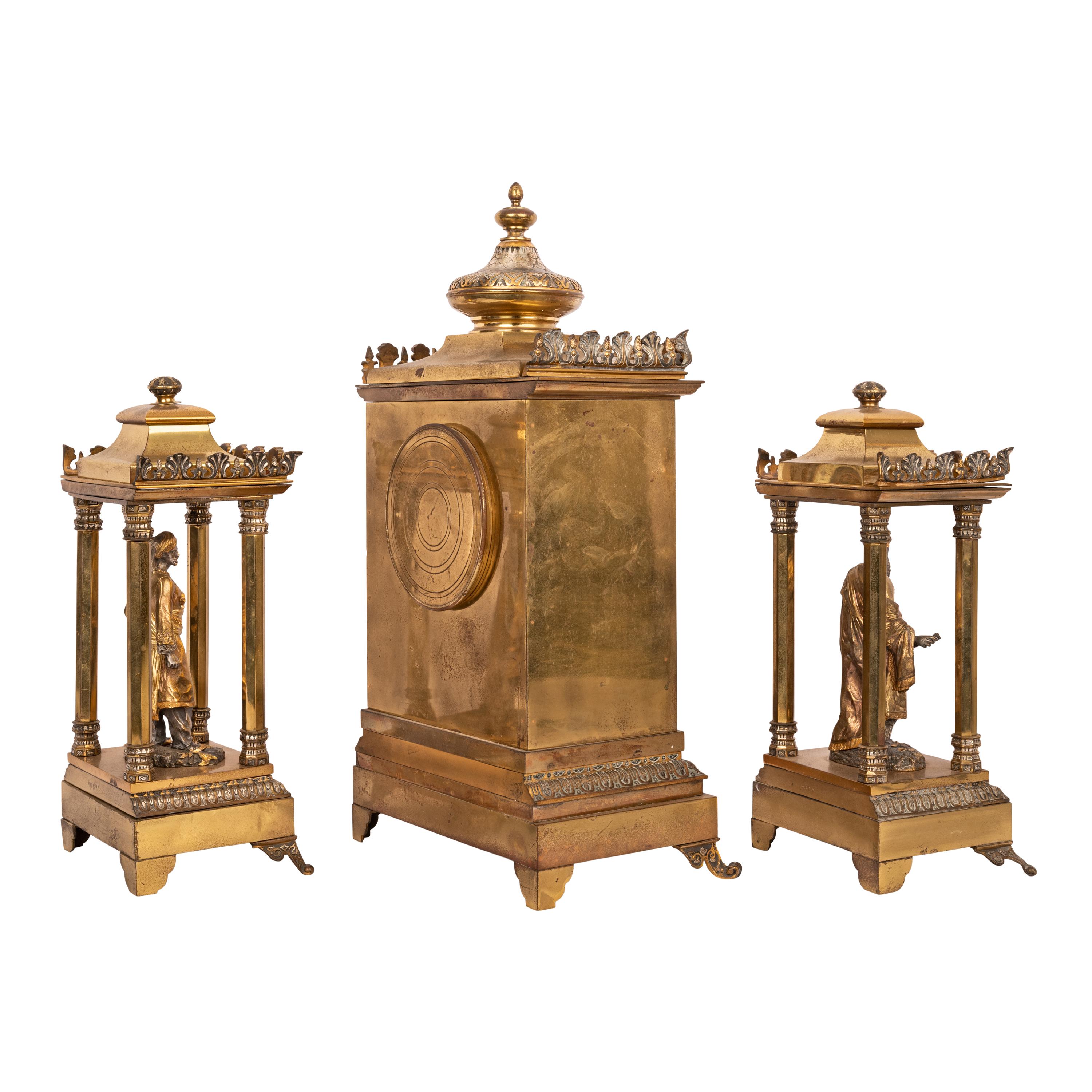 Antique French Orientalist Arab 8 Day Gilt Bronze Statue Clock Garniture, 1880 In Good Condition For Sale In Portland, OR