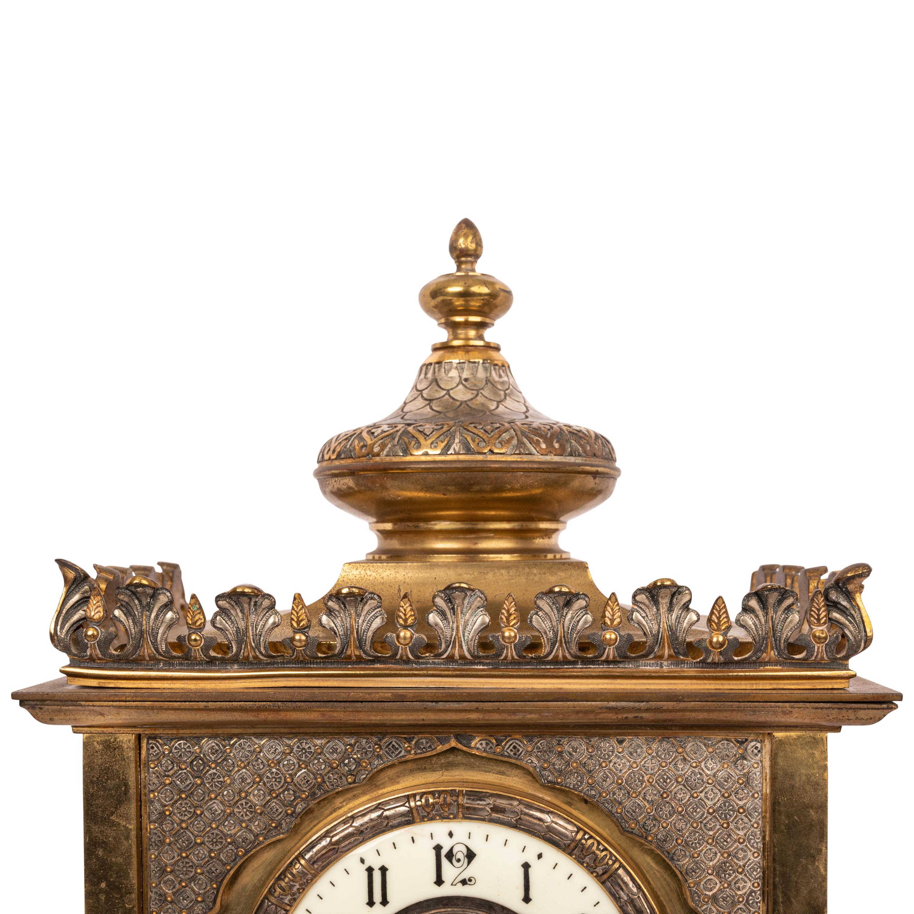 Late 19th Century Antique French Orientalist Arab 8 Day Gilt Bronze Statue Clock Garniture, 1880 For Sale