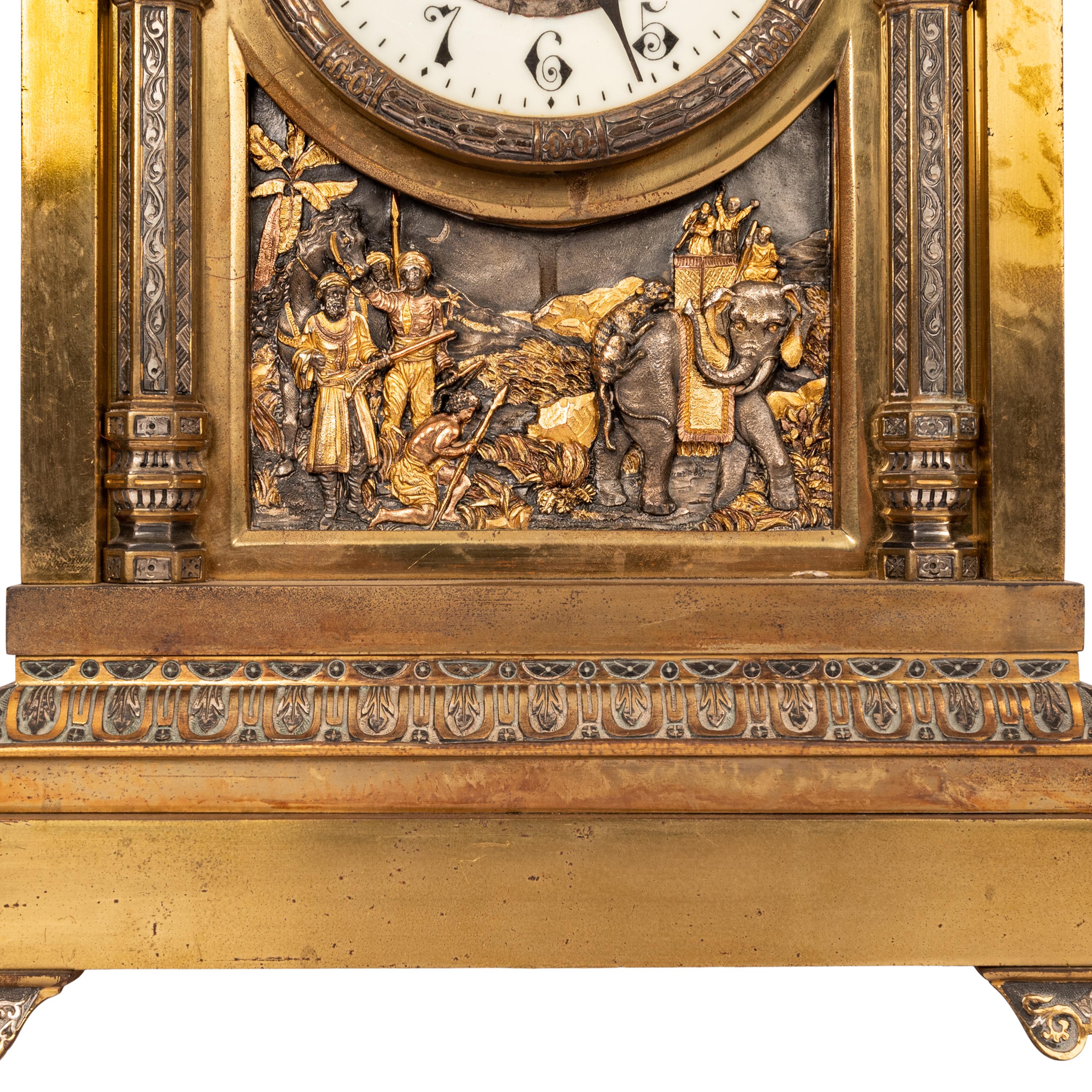 Enamel Antique French Orientalist Arab 8 Day Gilt Bronze Statue Clock Garniture, 1880 For Sale