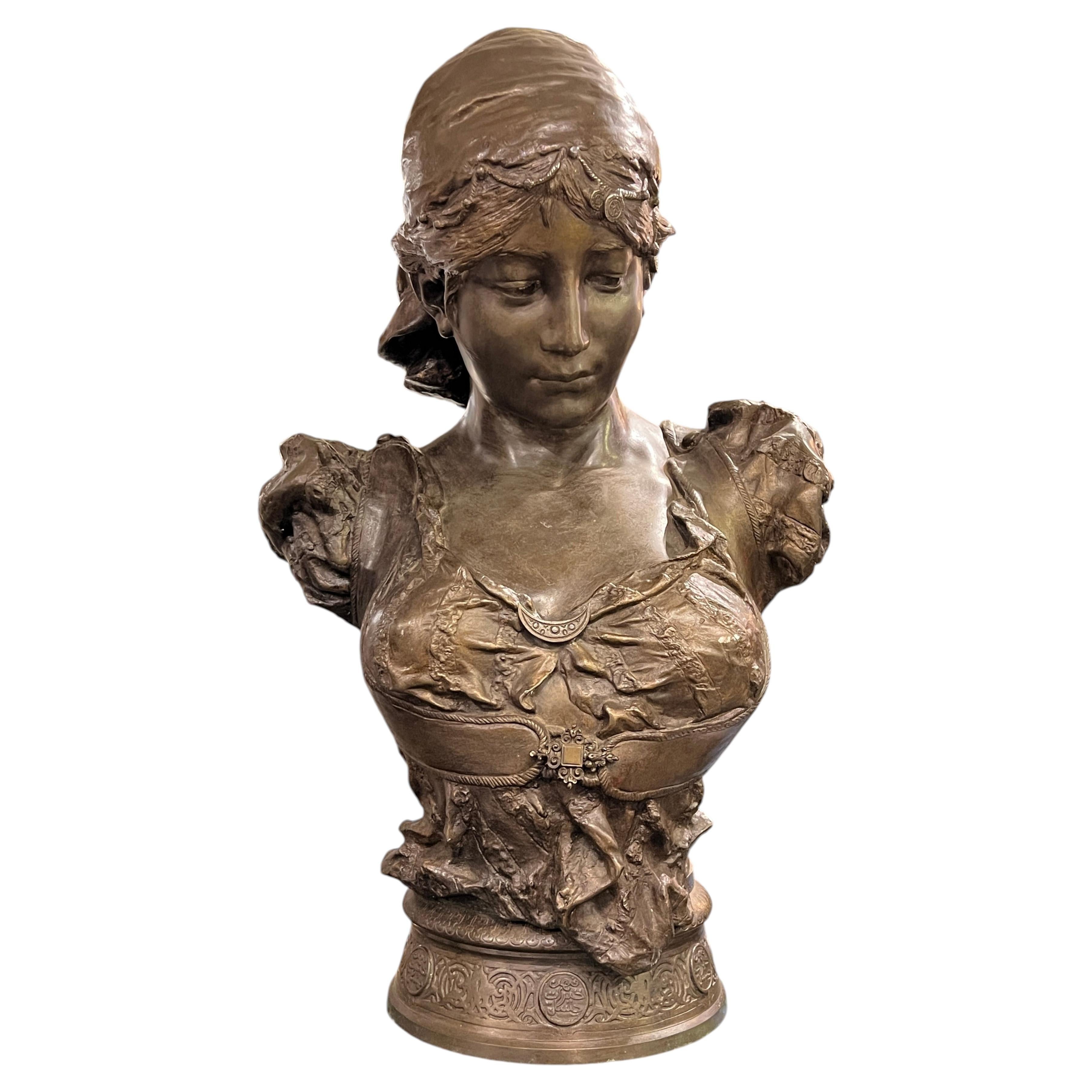 Antique French Orientalist Bust Sculpture of a Courtesan After Clement Steiner