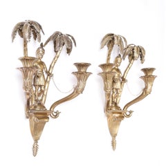 Antique French Orientalist Figural Wall Sconce Pair with Palm Trees