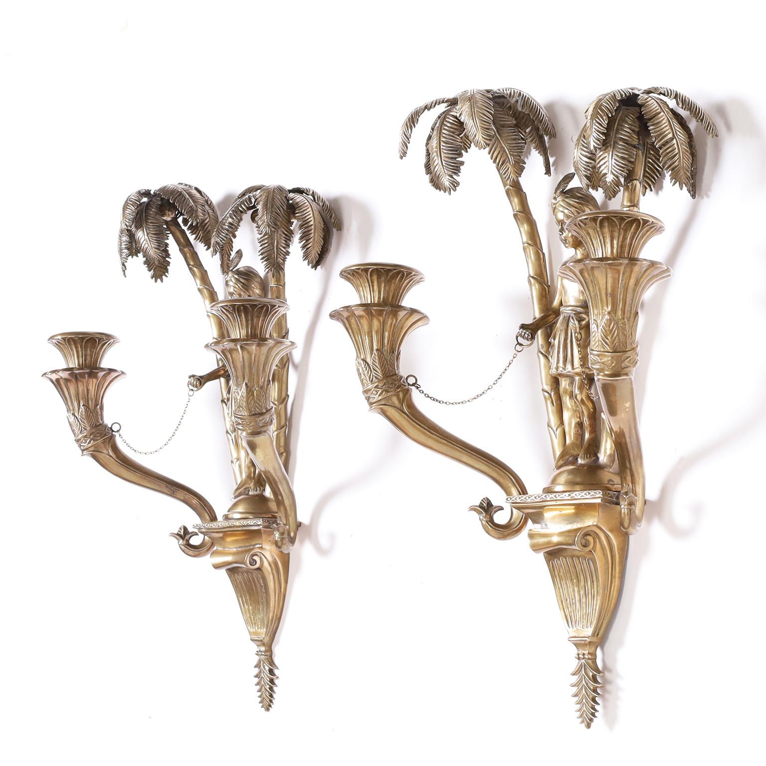 Moorish Antique French Orientalist Figural Wall Sconce Pair with Palm Trees For Sale