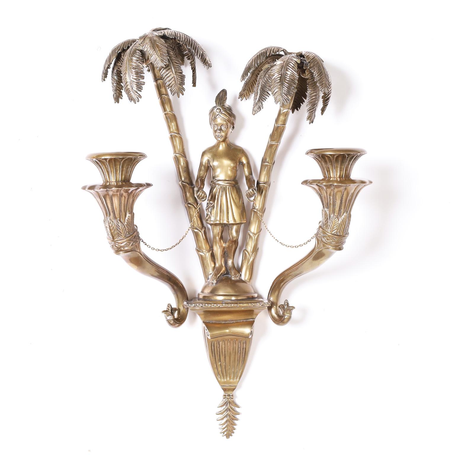 Bronzed Antique French Orientalist Figural Wall Sconce Pair with Palm Trees For Sale