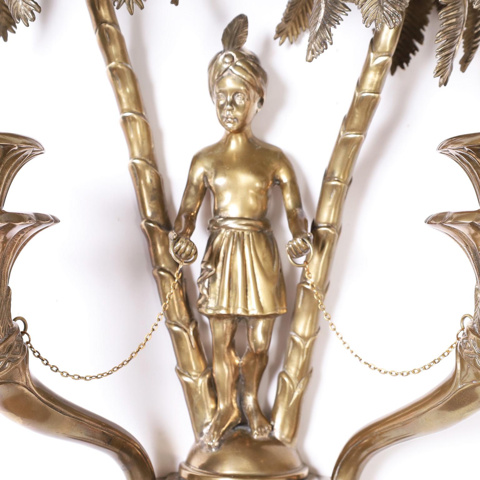 20th Century Antique French Orientalist Figural Wall Sconce Pair with Palm Trees For Sale