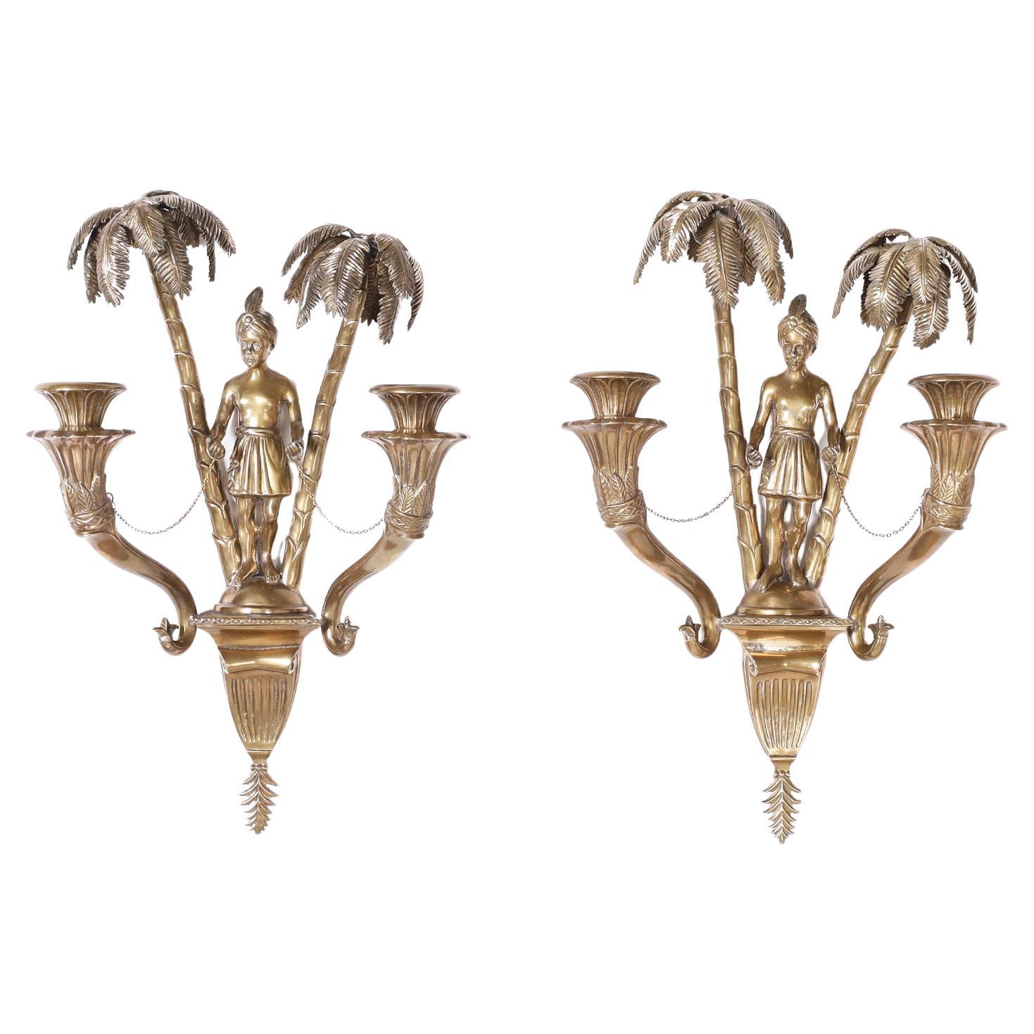 Antique French Orientalist Figural Wall Sconce Pair with Palm Trees For Sale