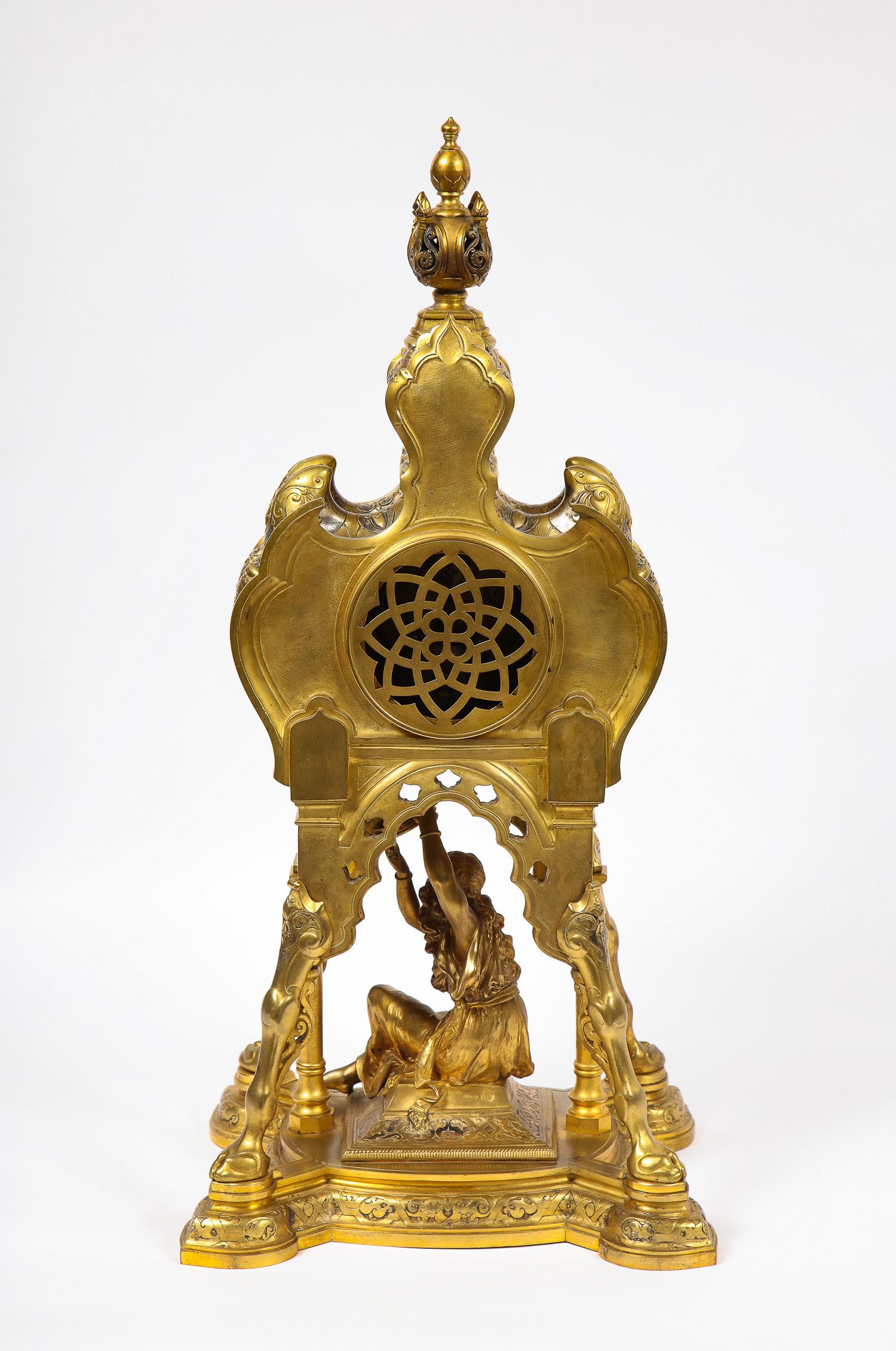 Antique French Orientalist/Moorish Silver/Gilt Bronze and Enamel Figural Clock For Sale 8