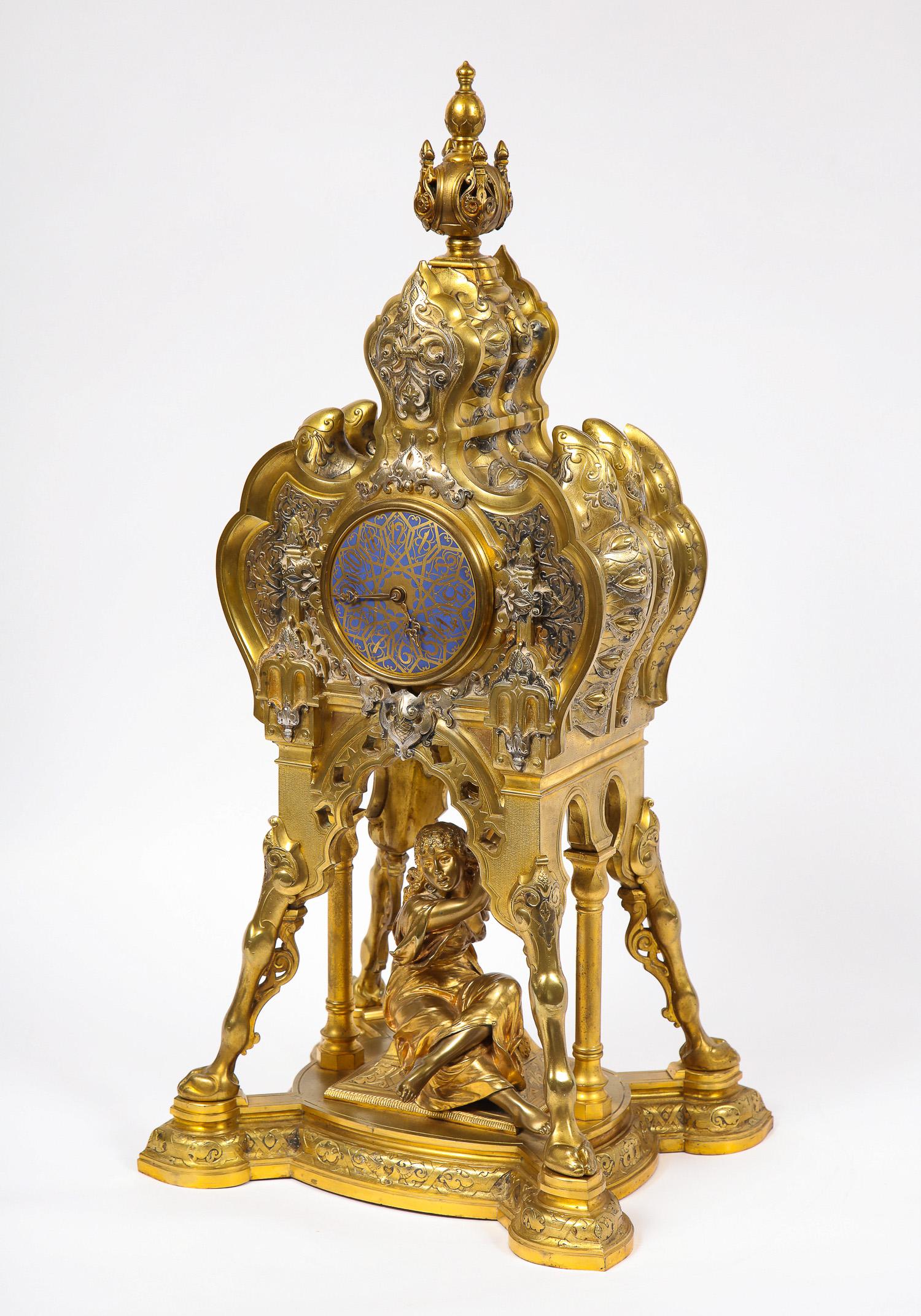 Antique French Orientalist/Moorish Silver/Gilt Bronze and Enamel Figural Clock For Sale 12