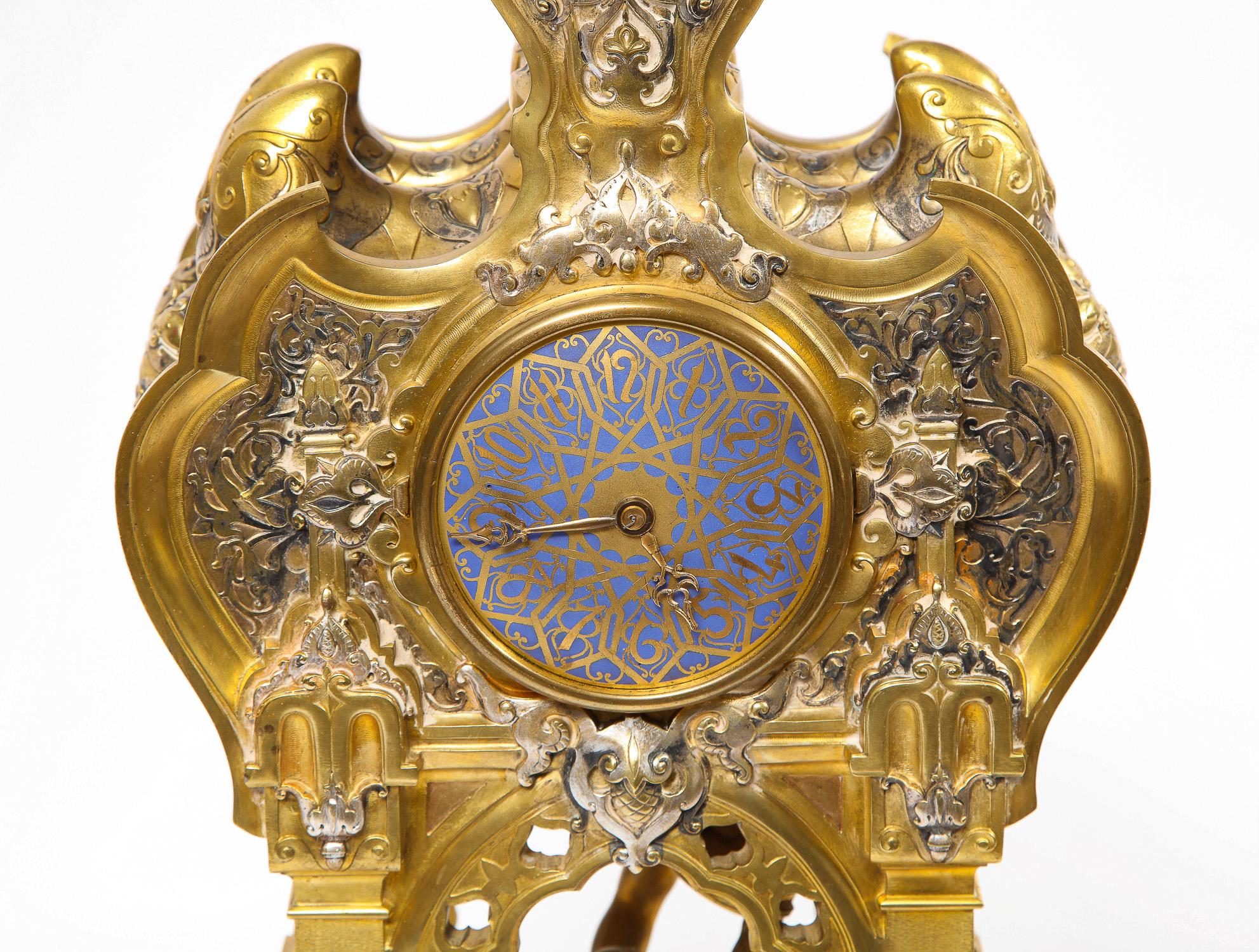 Antique French Orientalist/Moorish Silver/Gilt Bronze and Enamel Figural Clock For Sale 14