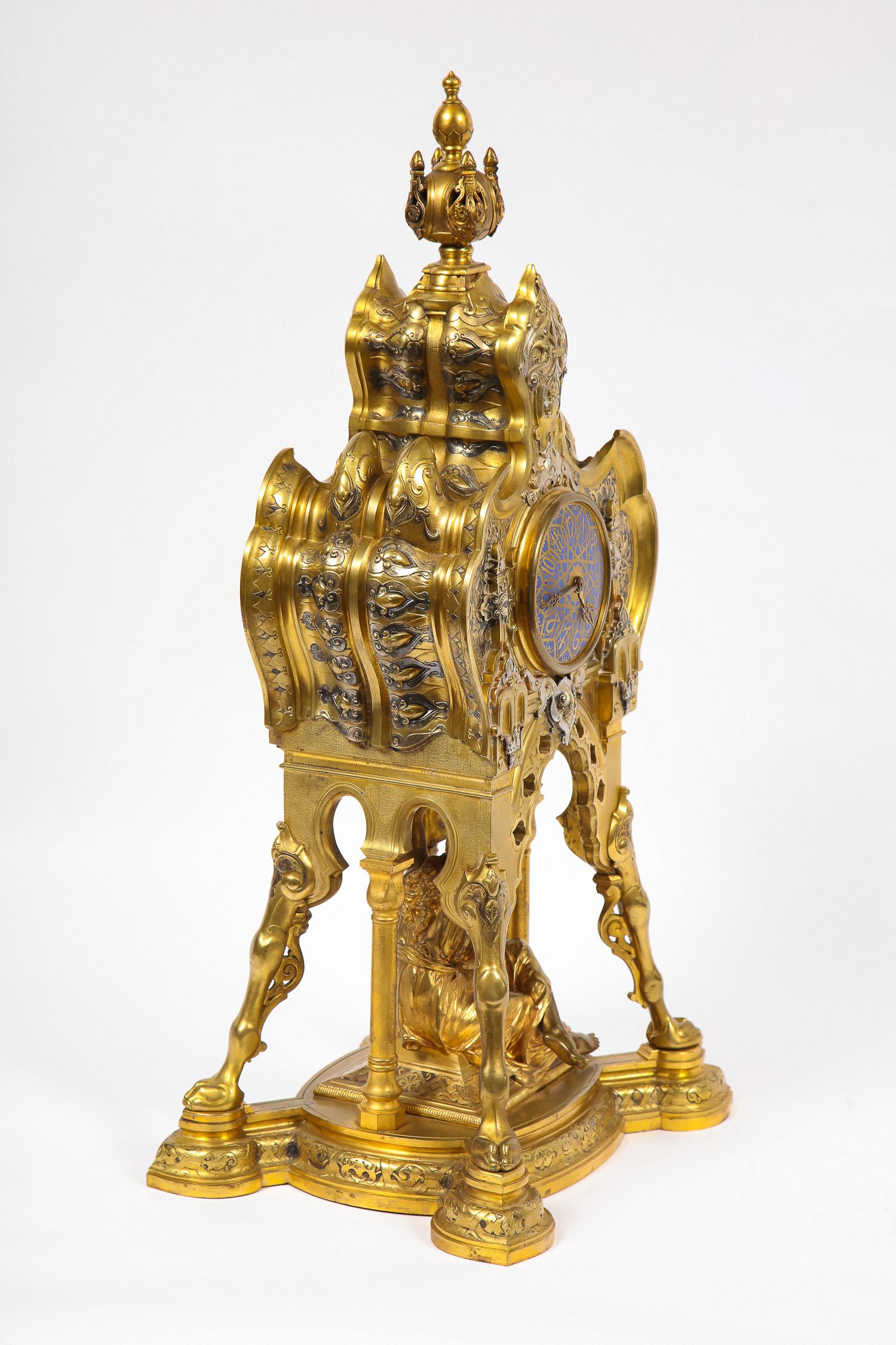 Antique French Orientalist/Moorish Silver/Gilt Bronze and Enamel Figural Clock For Sale 4