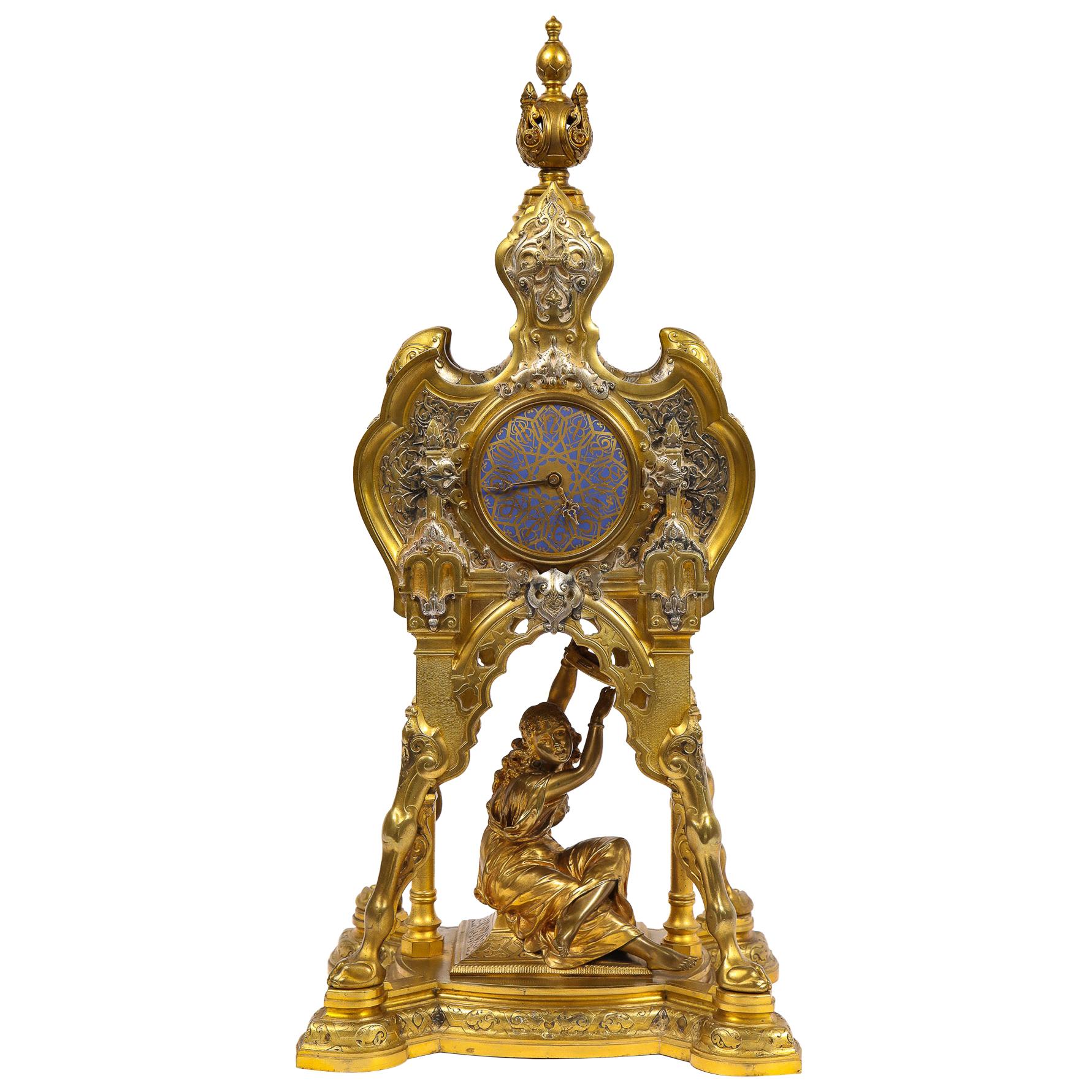 Antique French Orientalist/Moorish Silver/Gilt Bronze and Enamel Figural Clock For Sale
