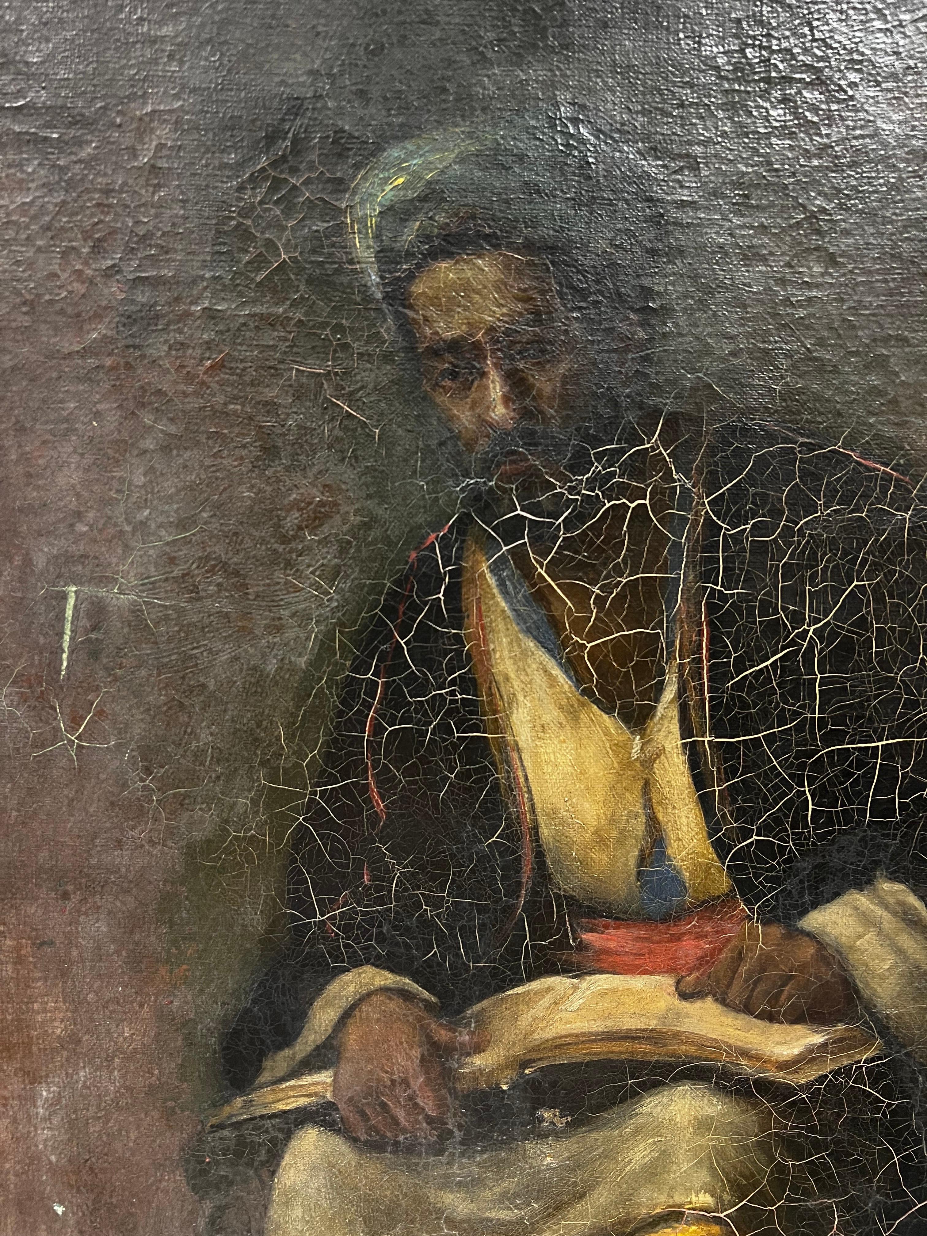 Artist/ School: French Orientalist School, late 19th century

Title: Portrait of a Seated Man reading

Medium: oil on canvas, unframed 

Canvas : 24 x 20 inches

Provenance: private collection, UK

Condition: The painting is offered for restoration
