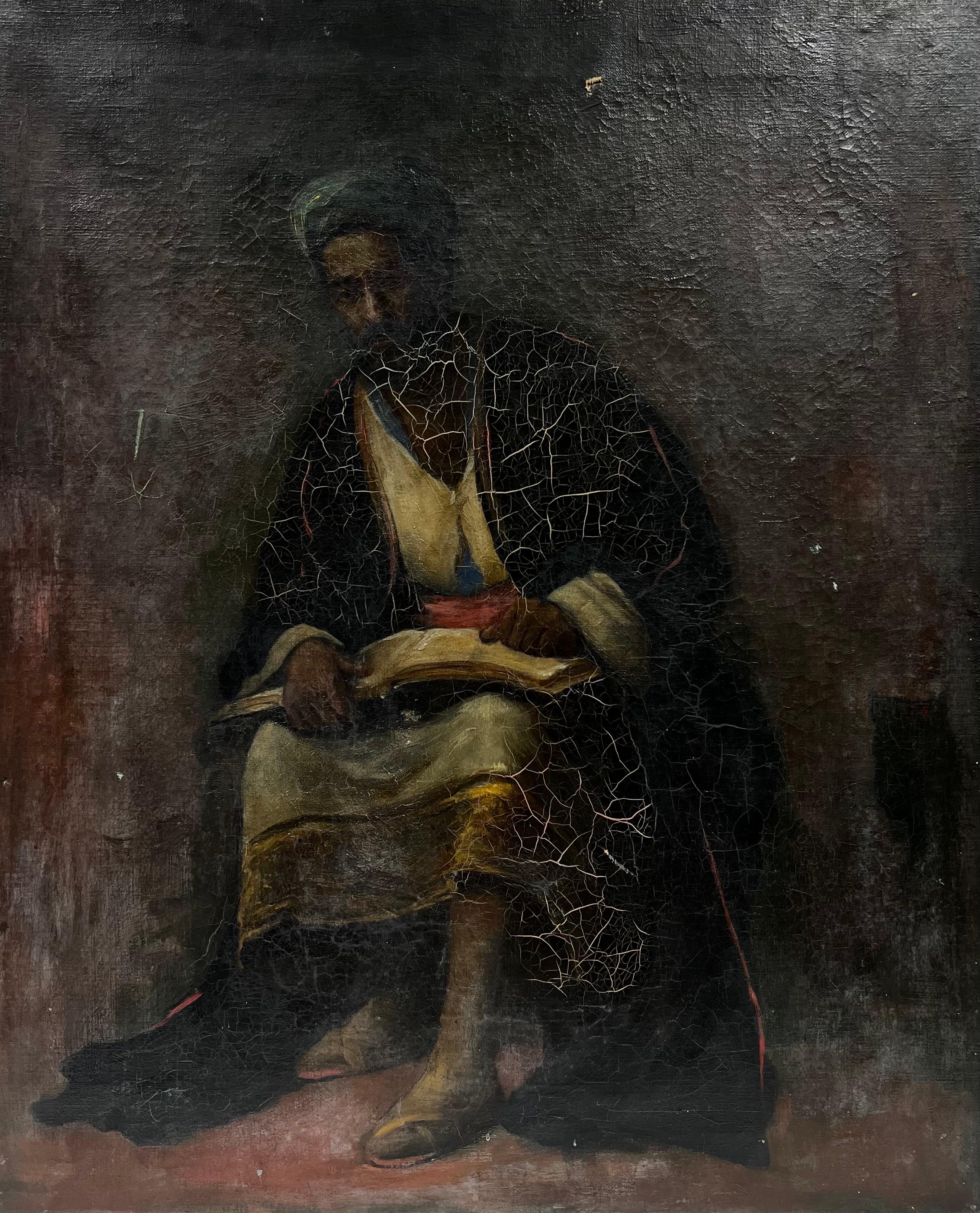 Antique French Orientalist Figurative Painting - North African French Orientalist Antique Oil Painting Portrait of a Seated Man