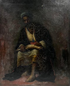 North African French Orientalist Antique Oil Painting Portrait of a Seated Man