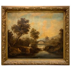 Antique French Original Oil Painting Approaching Bridge, 19th Century