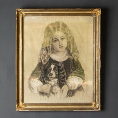 Antique French Disegno originale del ritratto di una ragazza e di uno spaniel, XIX secolo