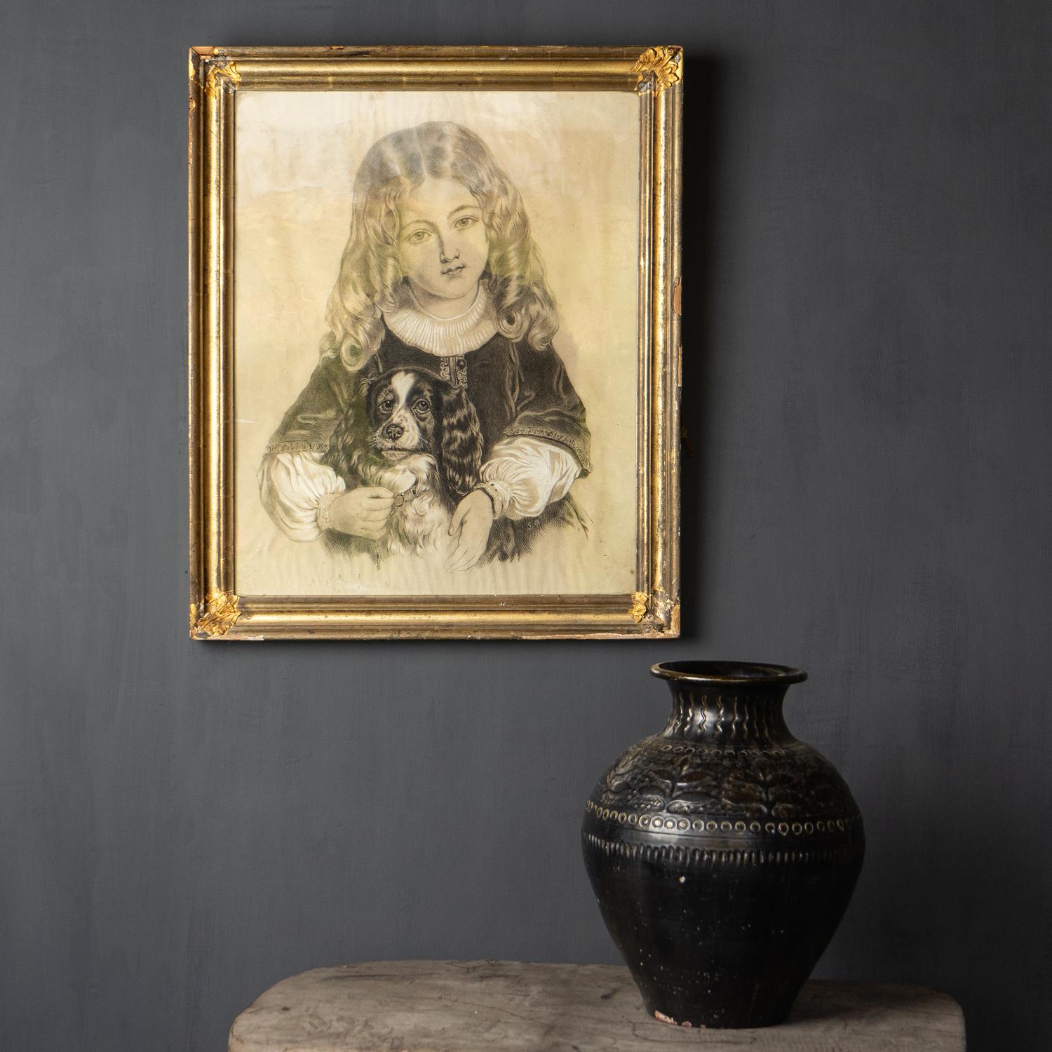 Antique French Original Portrait Drawing of a Girl and a Spaniel, 19th Century In Good Condition For Sale In Bristol, GB