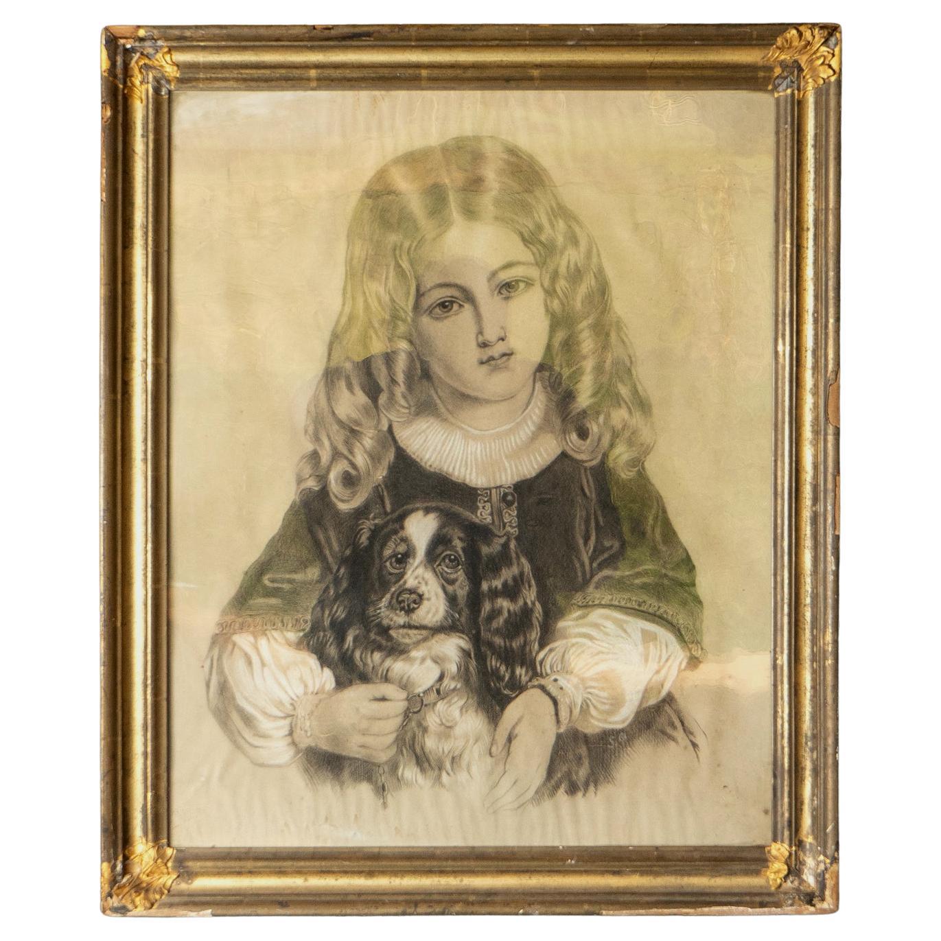 Antique French Original Portrait Drawing of a Girl and a Spaniel, 19th Century For Sale