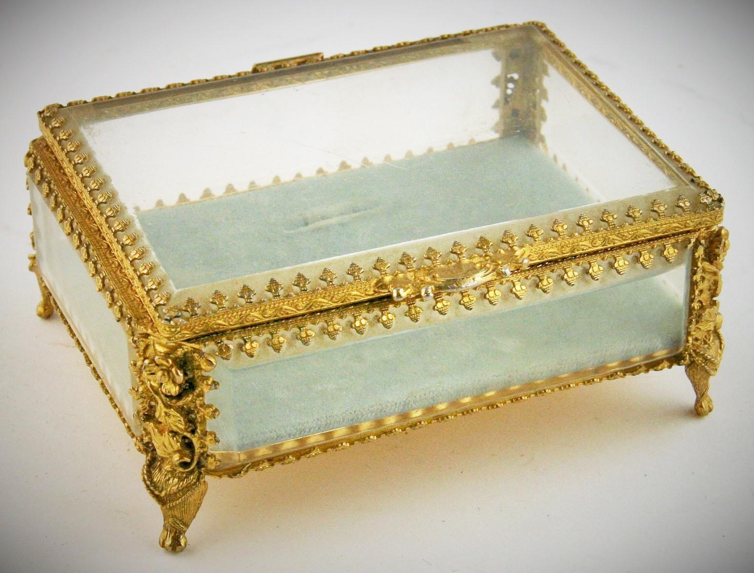 8-255 French  beveled glass and ornately detailed gilt brass with velvet liner.