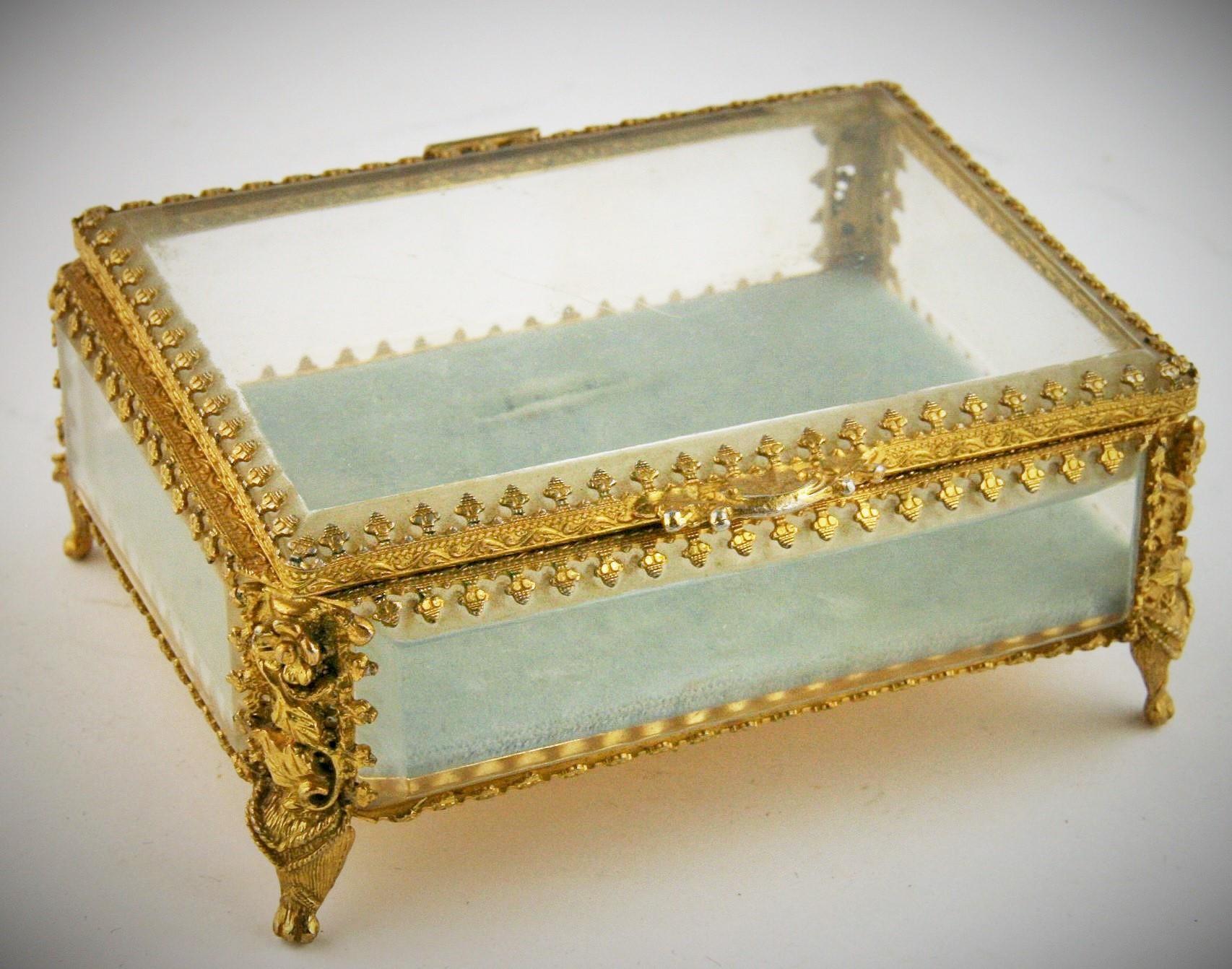 European Antique French Ormoleau  Beveled Glass and Gilt Brass Box For Sale