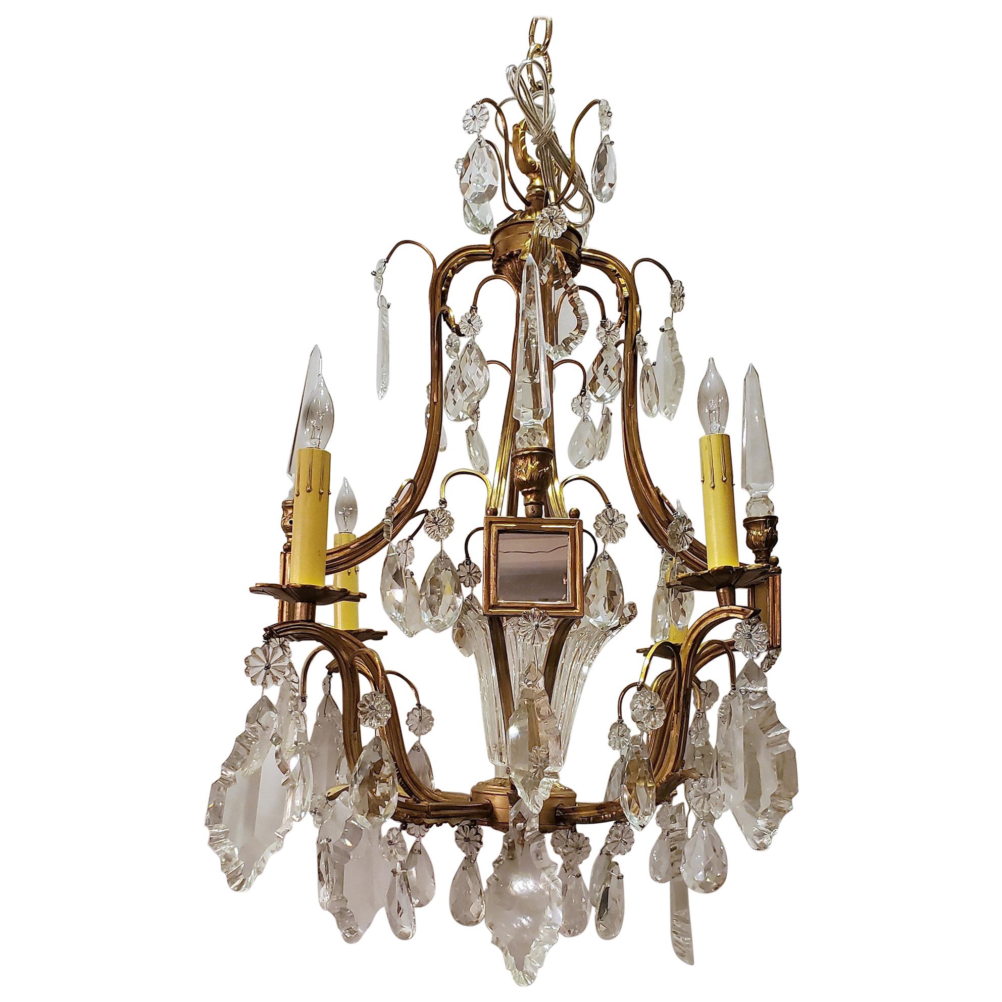 Antique French Ormolu and Baccarat Crystal Chandelier with Mirror Insets For Sale