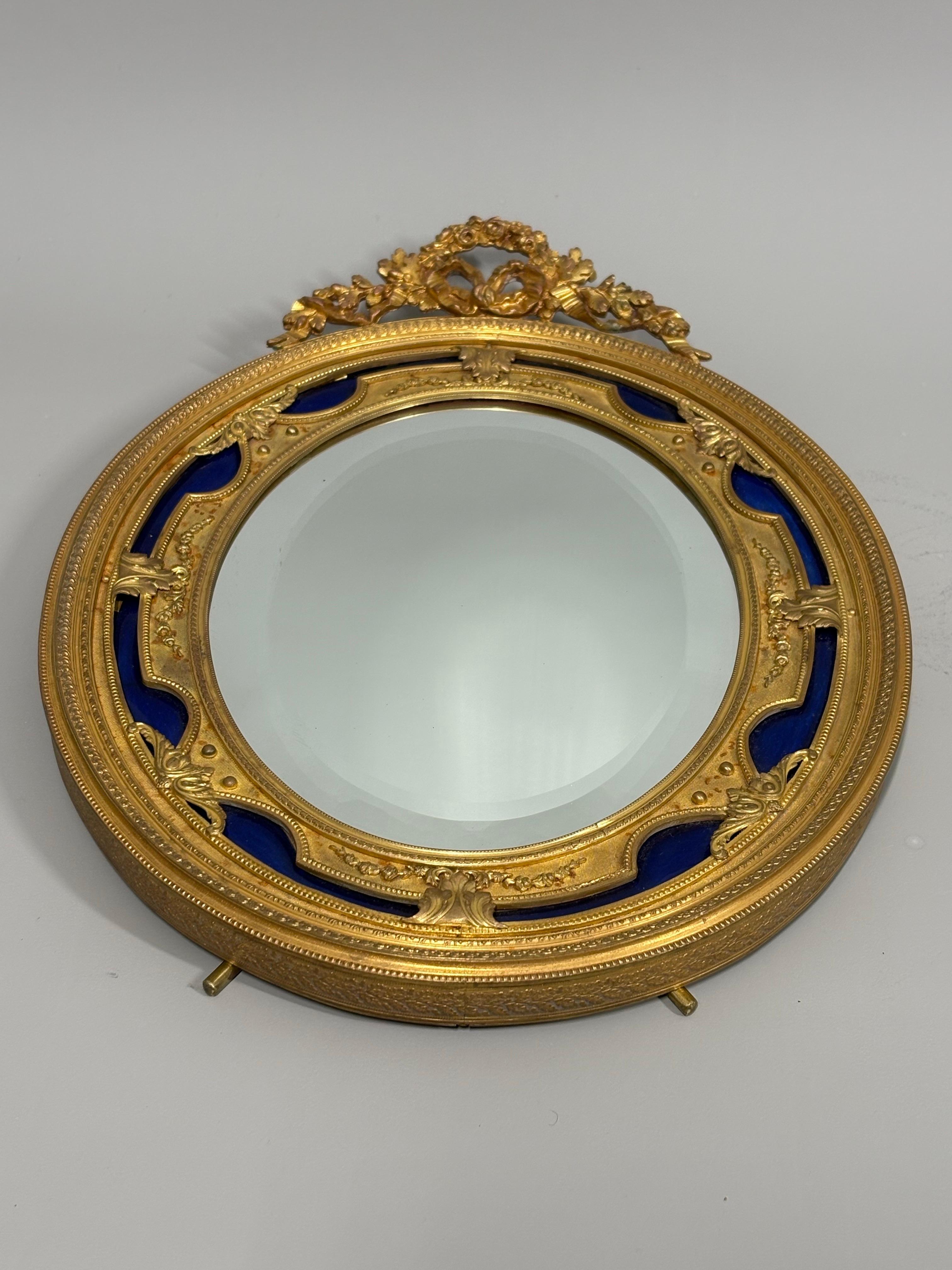 Antique French Ormolu and cobalt blue enamel table mirror For Sale 5