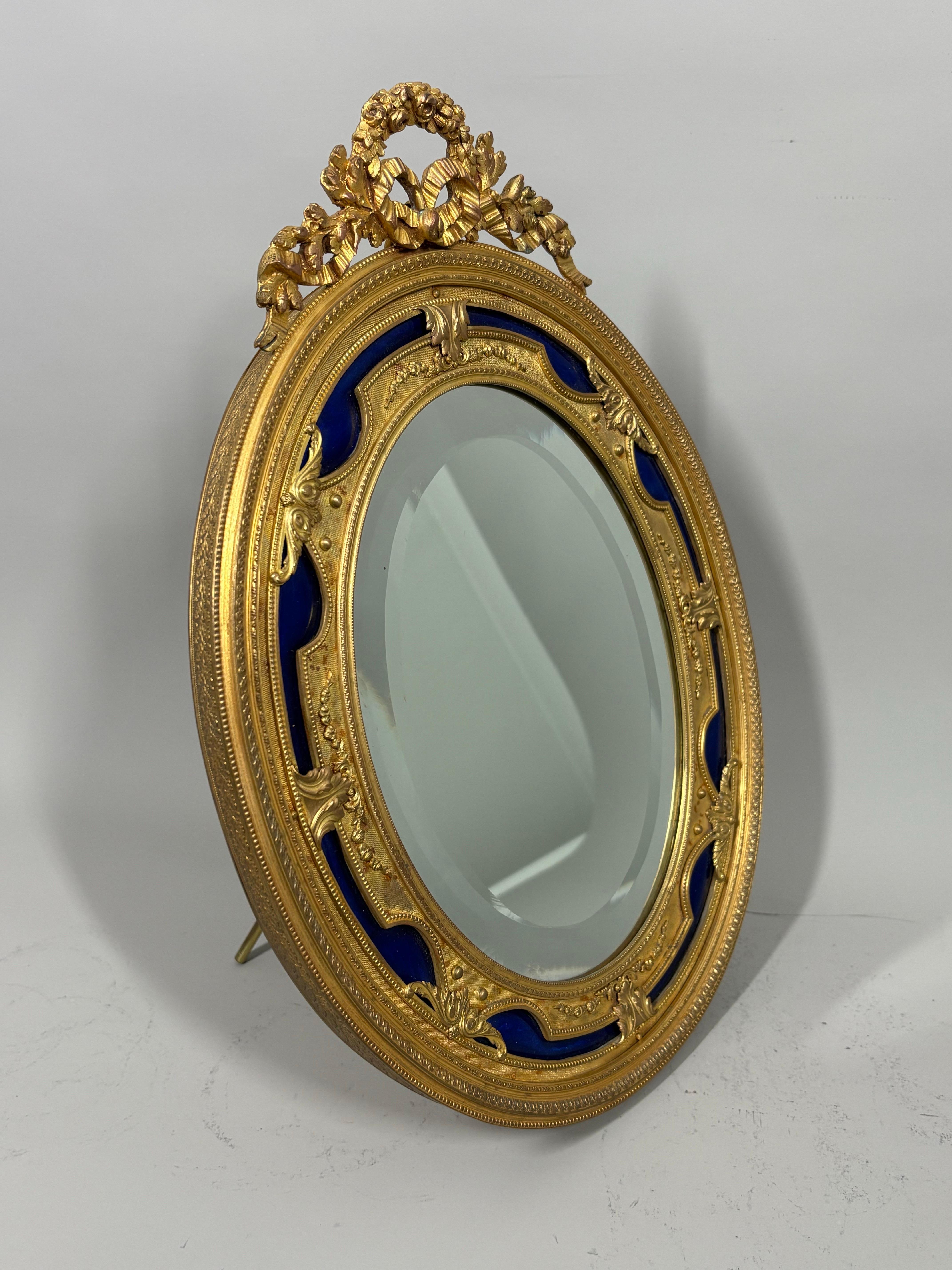 Louis XVI Antique French Ormolu and cobalt blue enamel table mirror For Sale