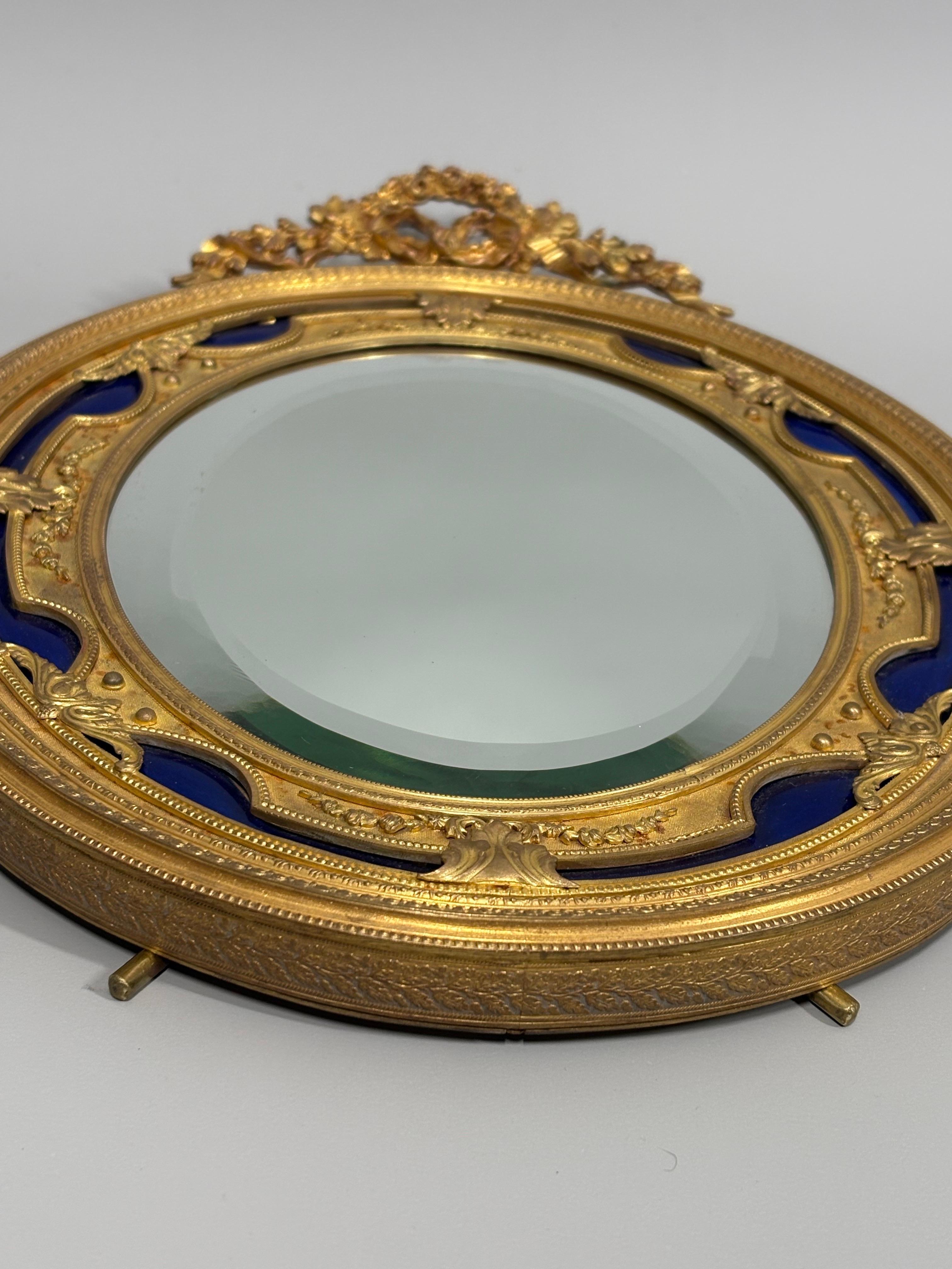 Antique French Ormolu and cobalt blue enamel table mirror In Good Condition For Sale In Sleepy Hollow, NY