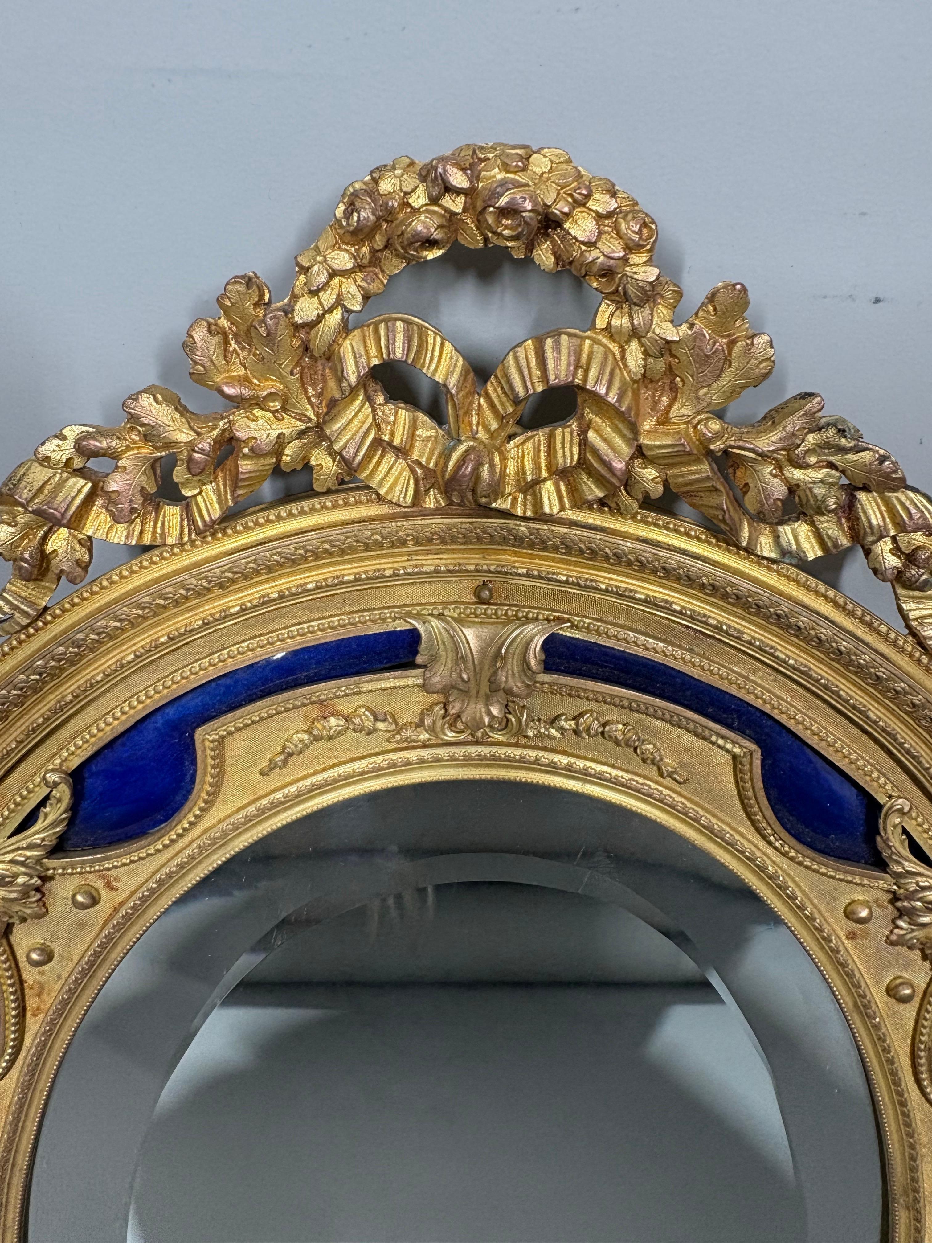 Early 20th Century Antique French Ormolu and cobalt blue enamel table mirror For Sale