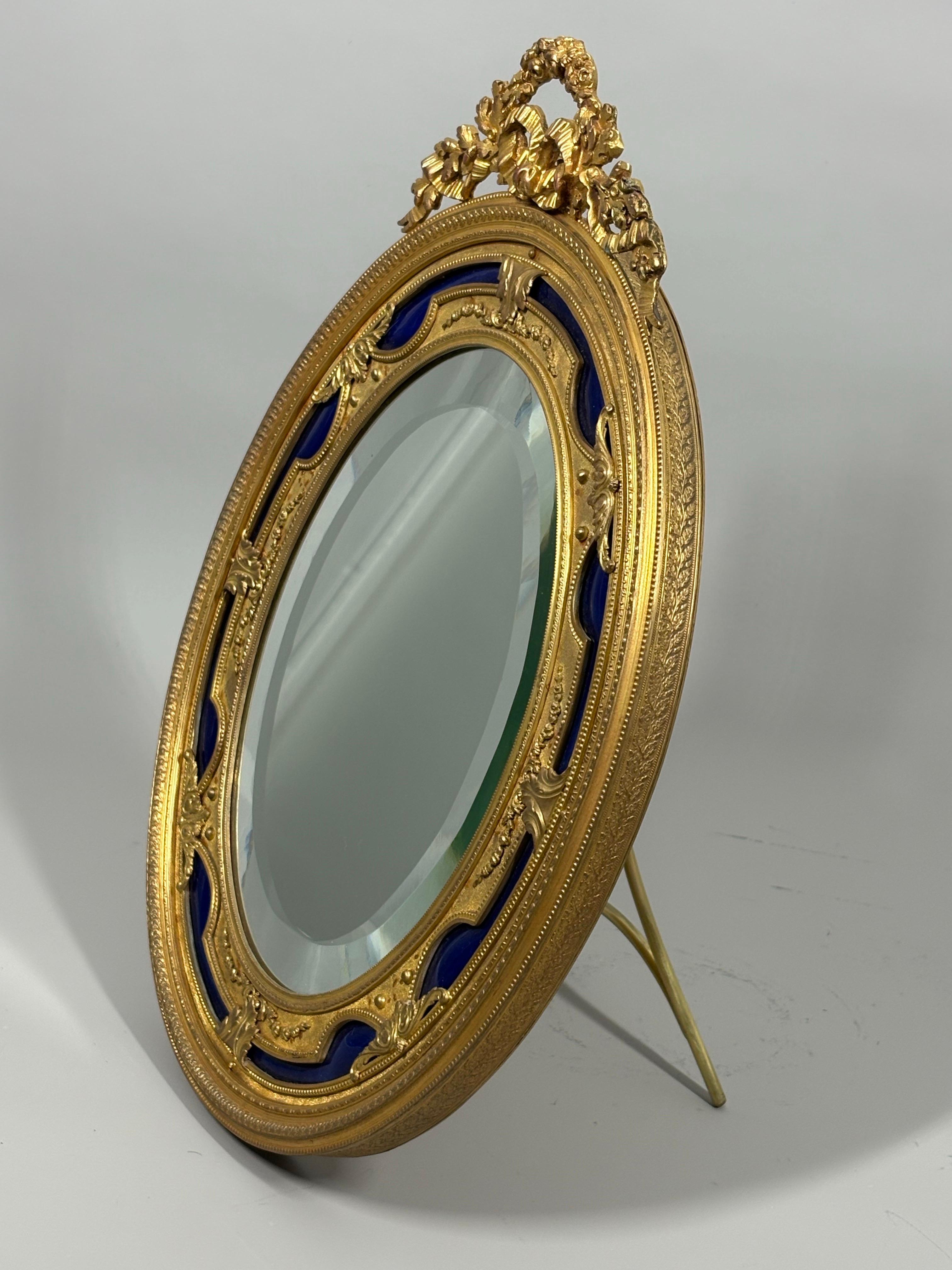 Antique French Ormolu and cobalt blue enamel table mirror For Sale 2