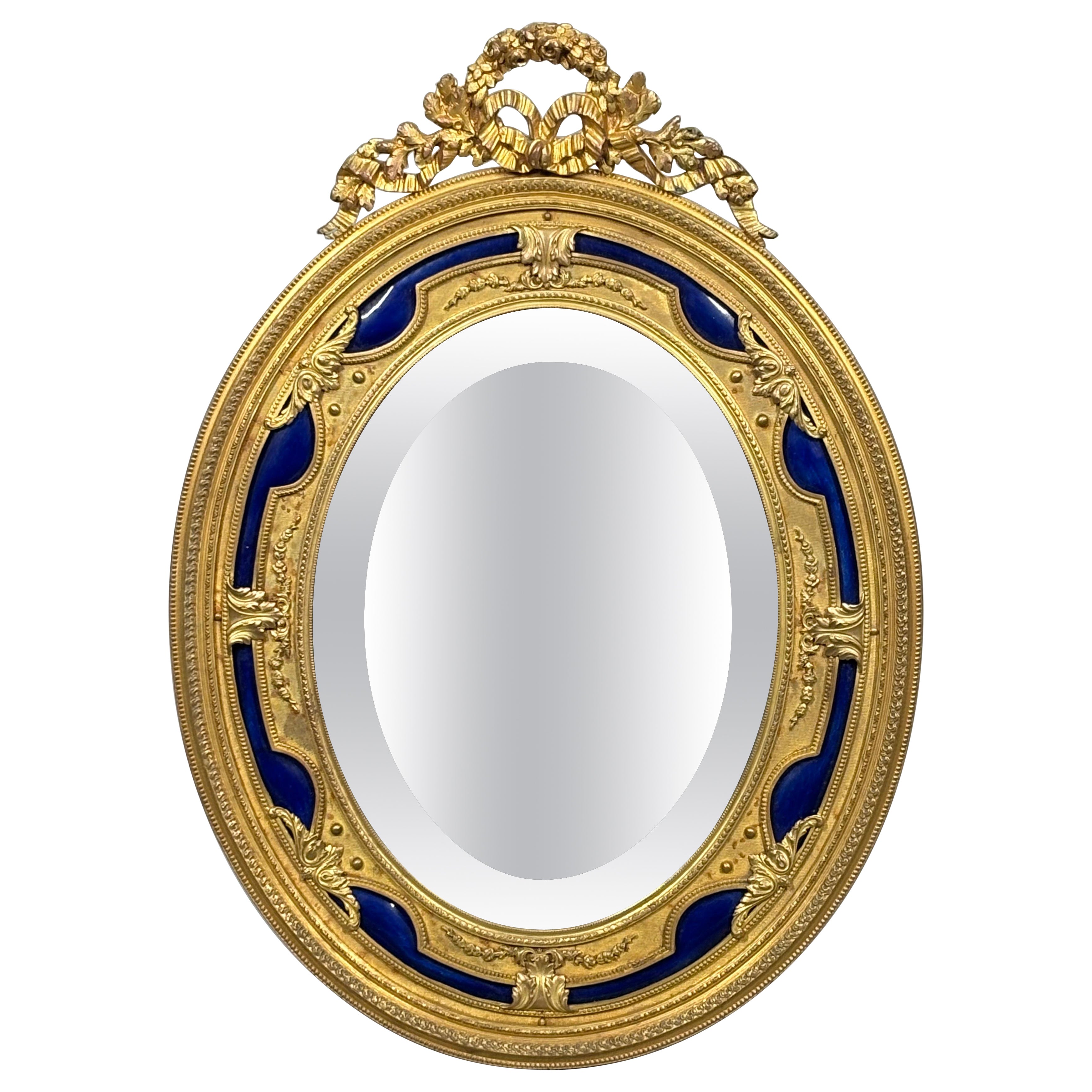 Antique French Ormolu and cobalt blue enamel table mirror For Sale