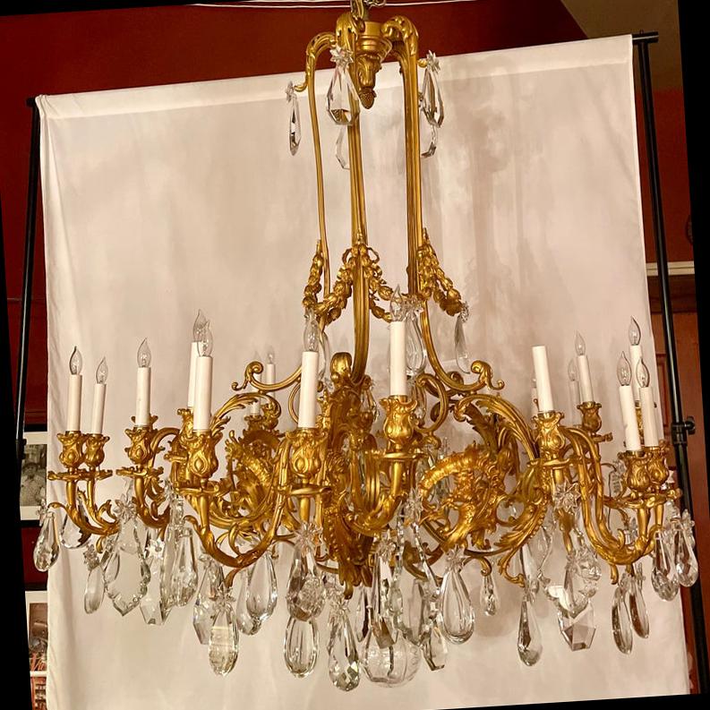 Magnificent antique French ormolu and crystal chandelier, circa 1890's.