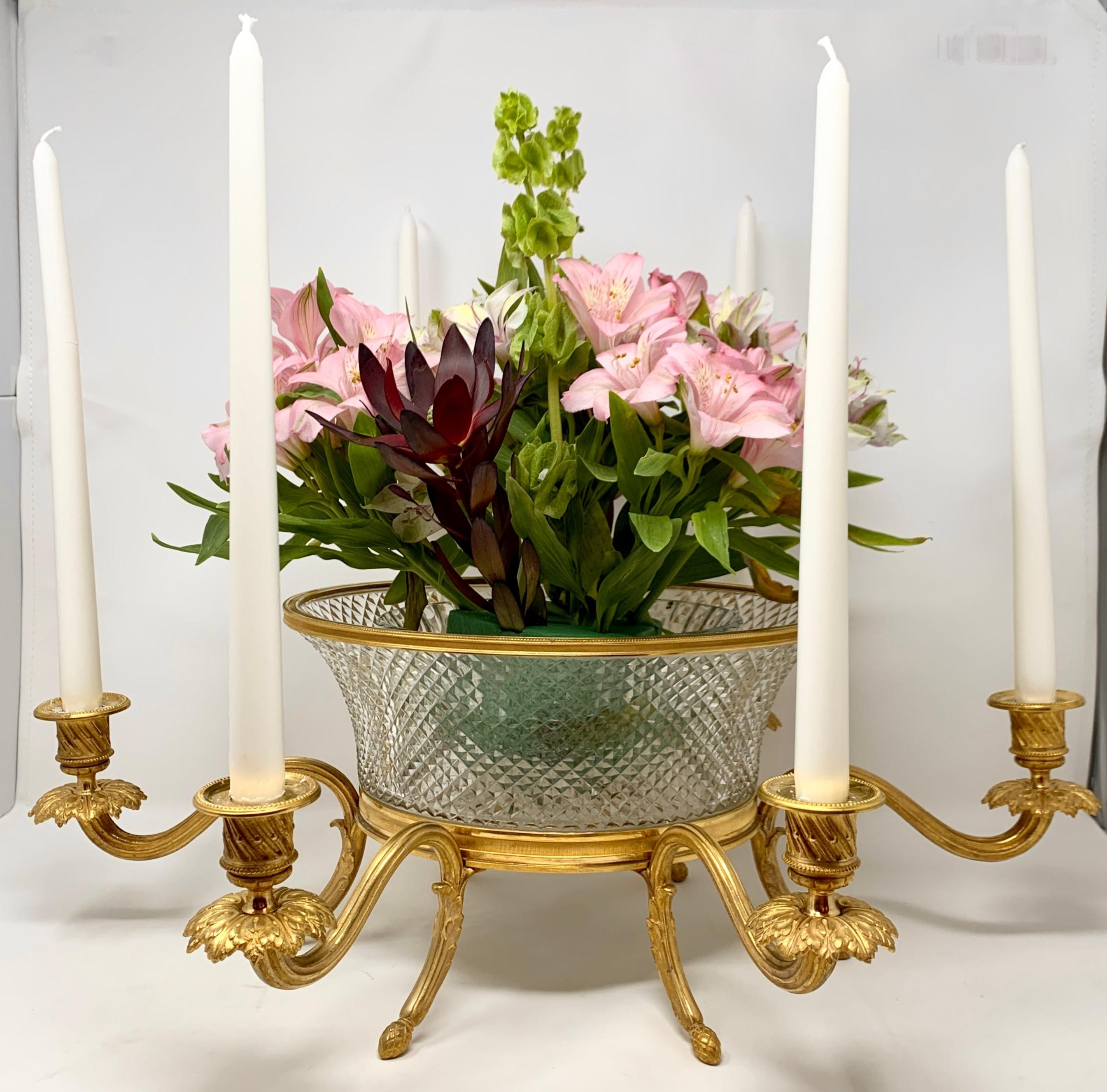 Antique French ormolu and cut crystal centerpiece with 6 candelabra, circa 1890-1910.