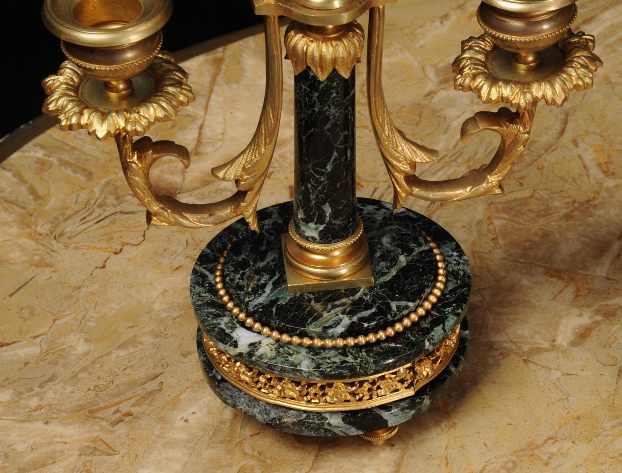 Antique French Ormolu and Green Marble Portico Clock Set 7