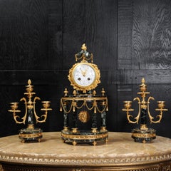 Antique French Ormolu and Green Marble Portico Clock Set